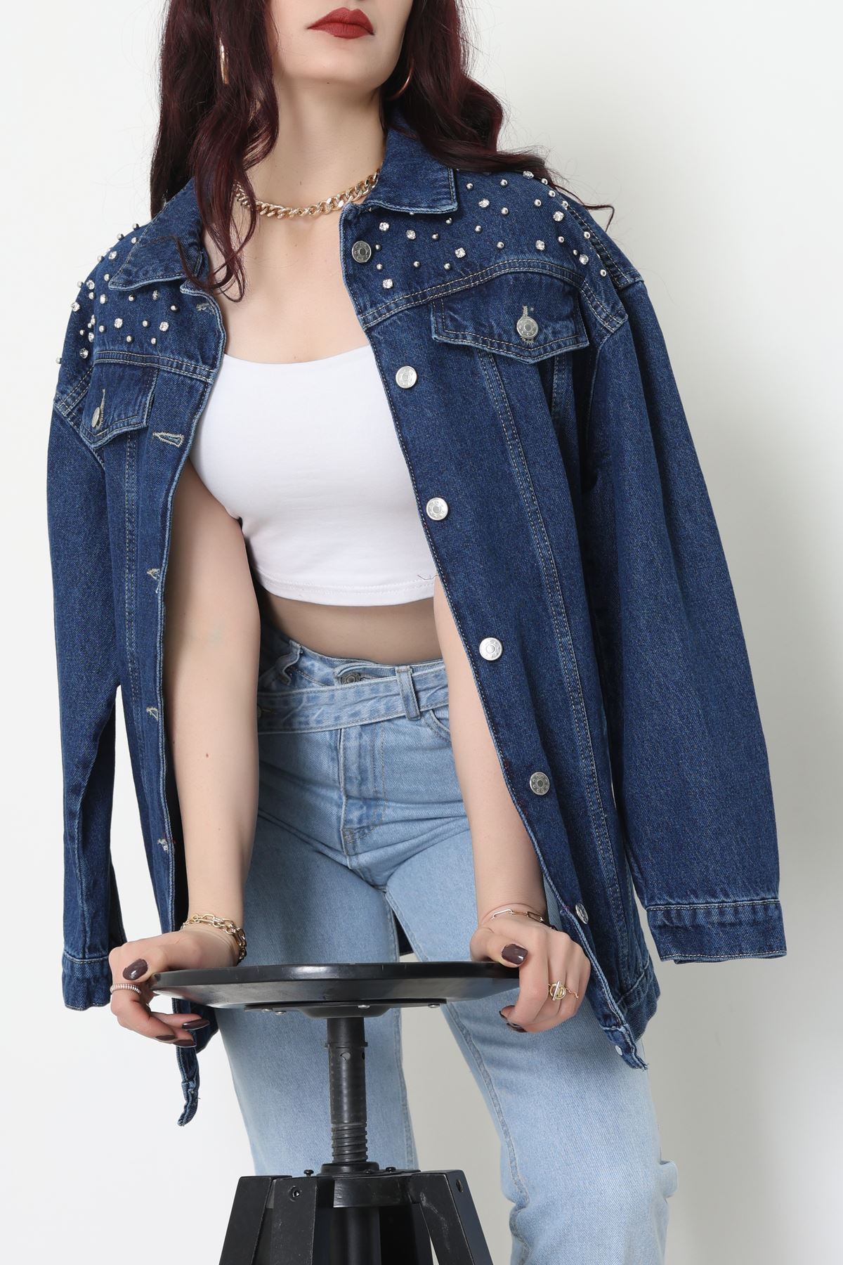 Yakası Taşlı Kot Ceket Lacivert - 10033.2059.