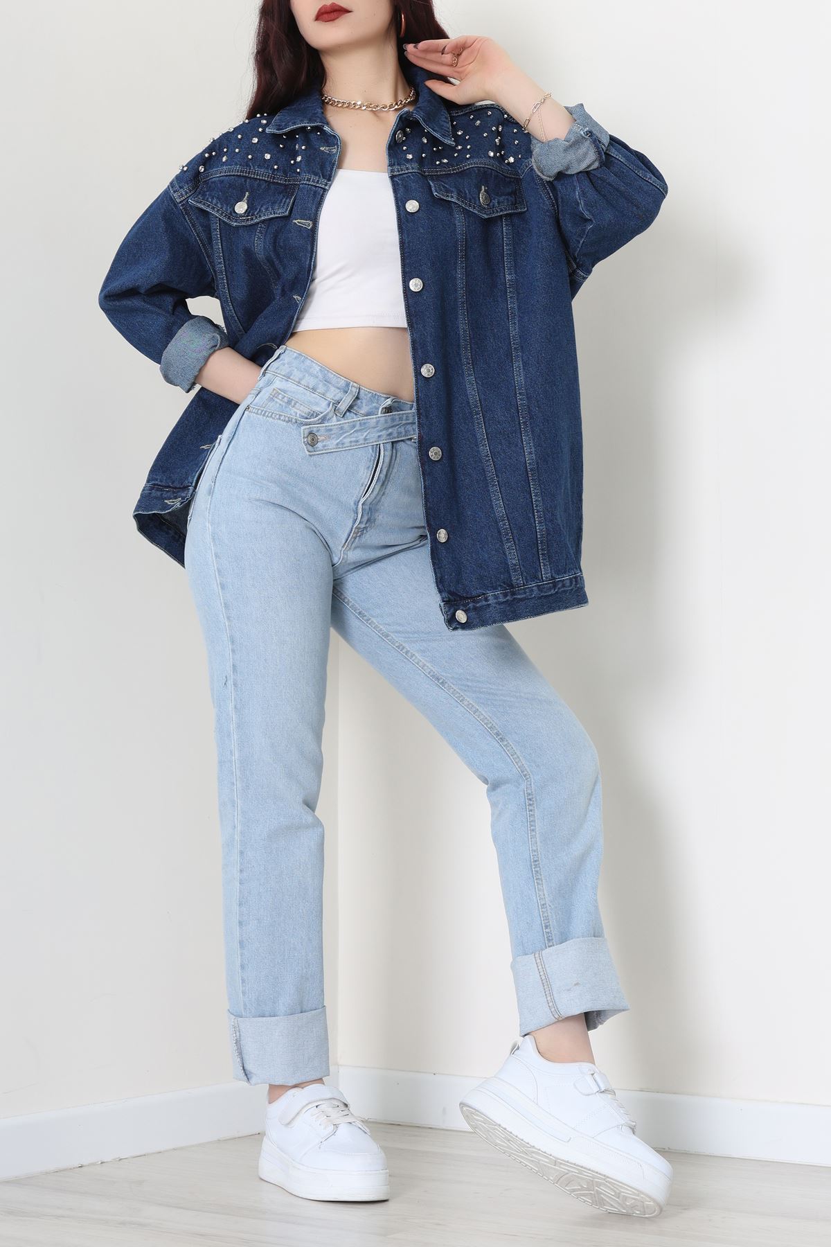 Yakası Taşlı Kot Ceket Lacivert - 10033.2059.