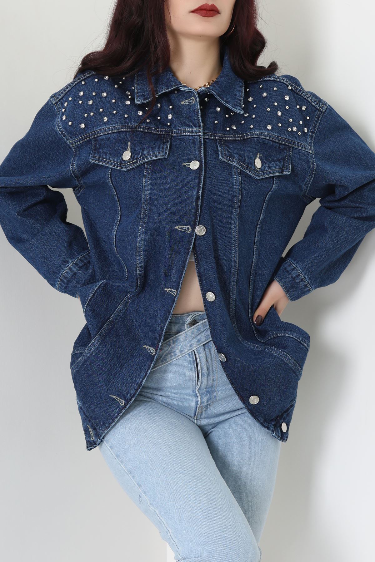 Yakası Taşlı Kot Ceket Lacivert - 10033.2059.