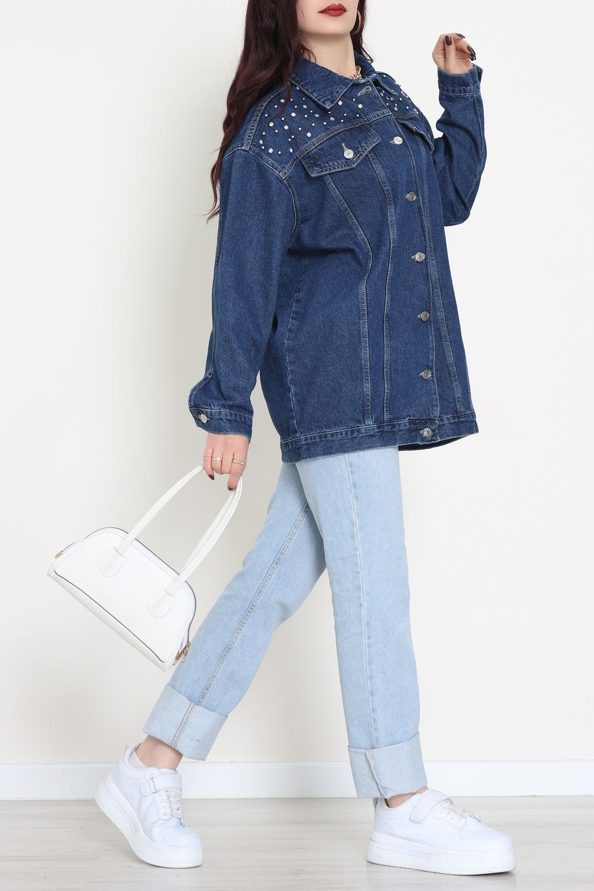 Yakası Taşlı Kot Ceket Lacivert - 10033.2059.