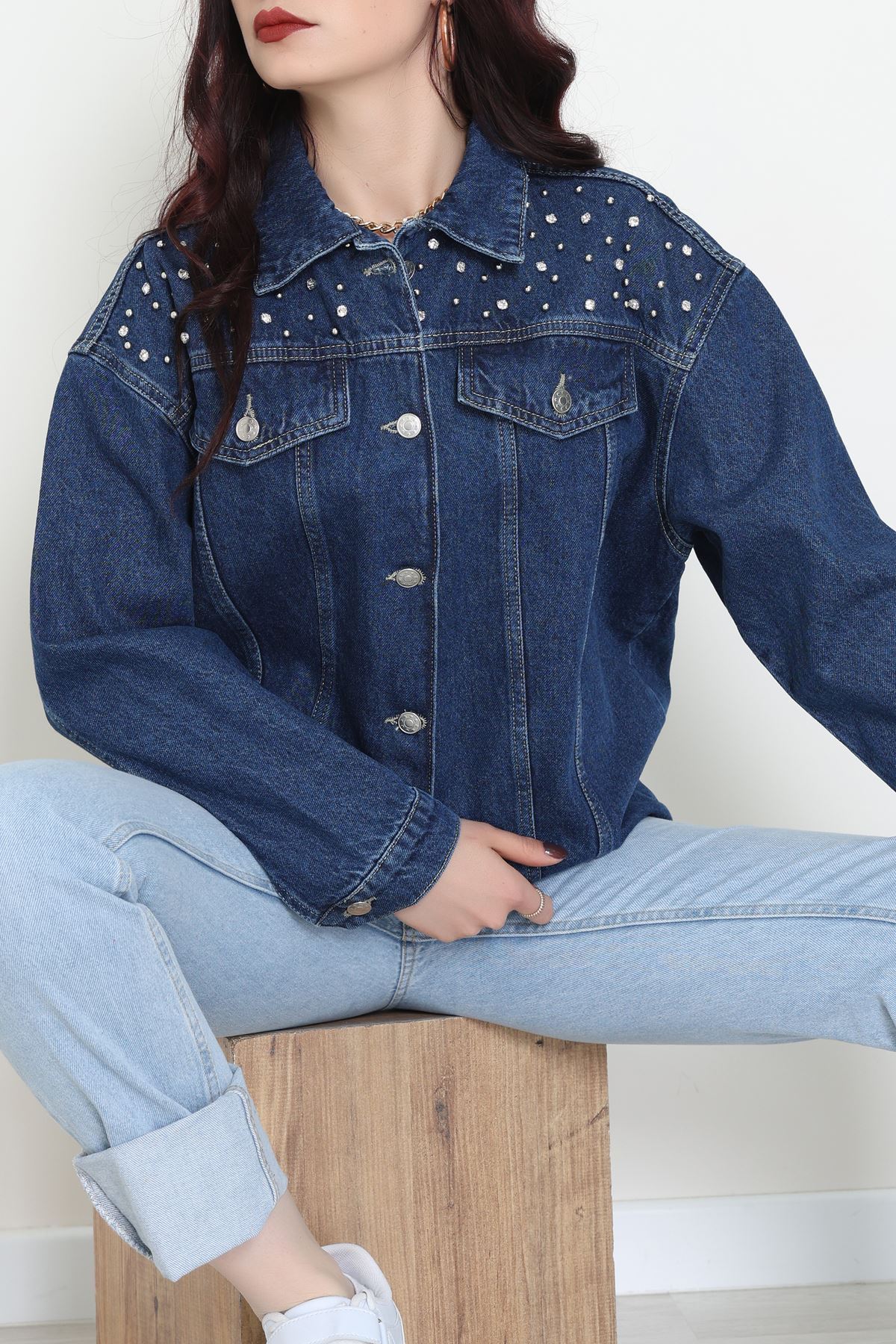 Yakası Taşlı Kot Ceket Lacivert - 10033.2059.