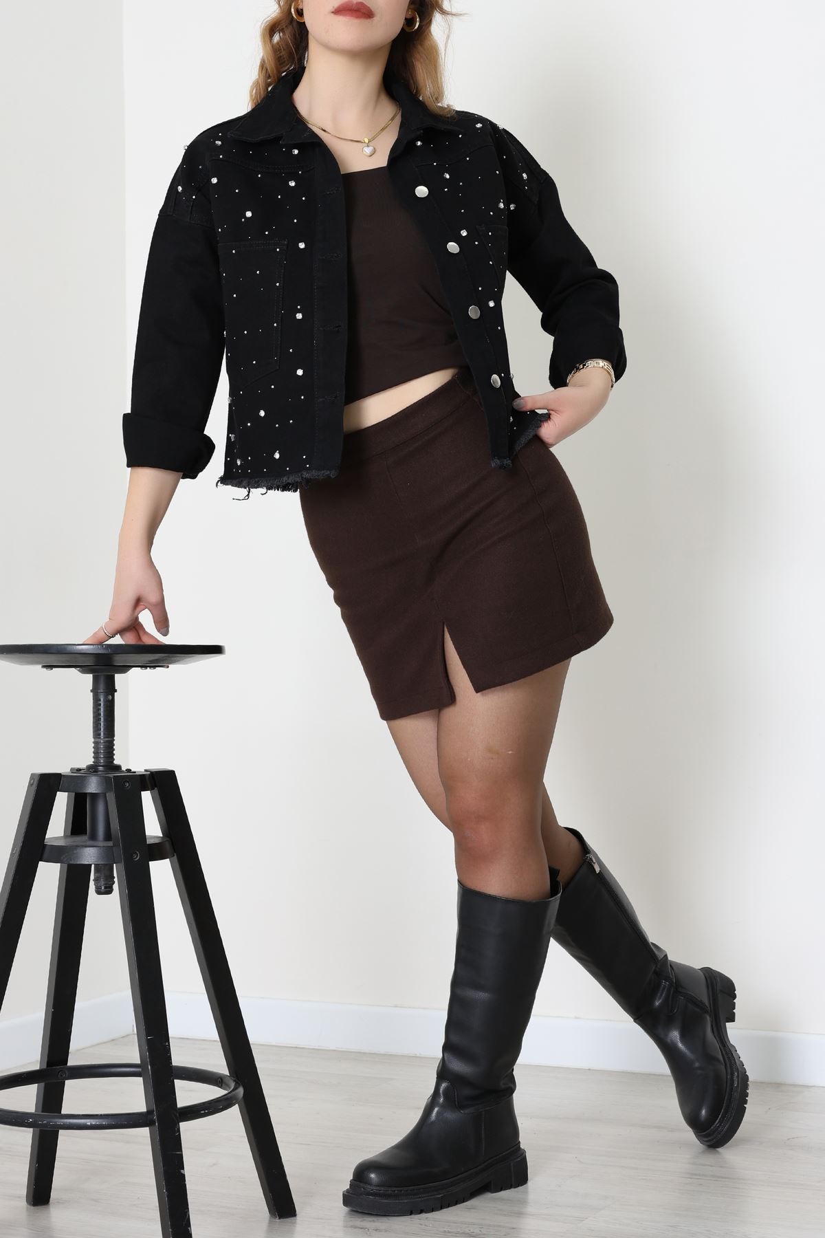 Taşlı Kot Ceket Siyah - 001.2059.