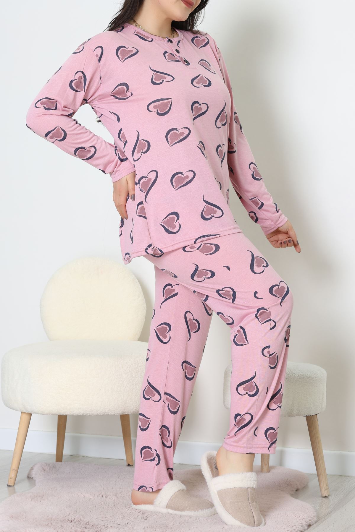 Ring Viskon Büyük Beden Pijama Takımı Pembe - 52202.1961.