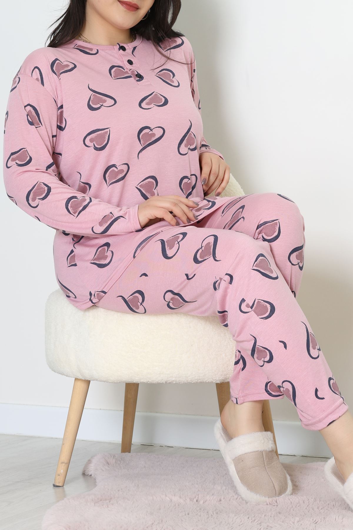 Ring Viskon Büyük Beden Pijama Takımı Pembe - 52202.1961.