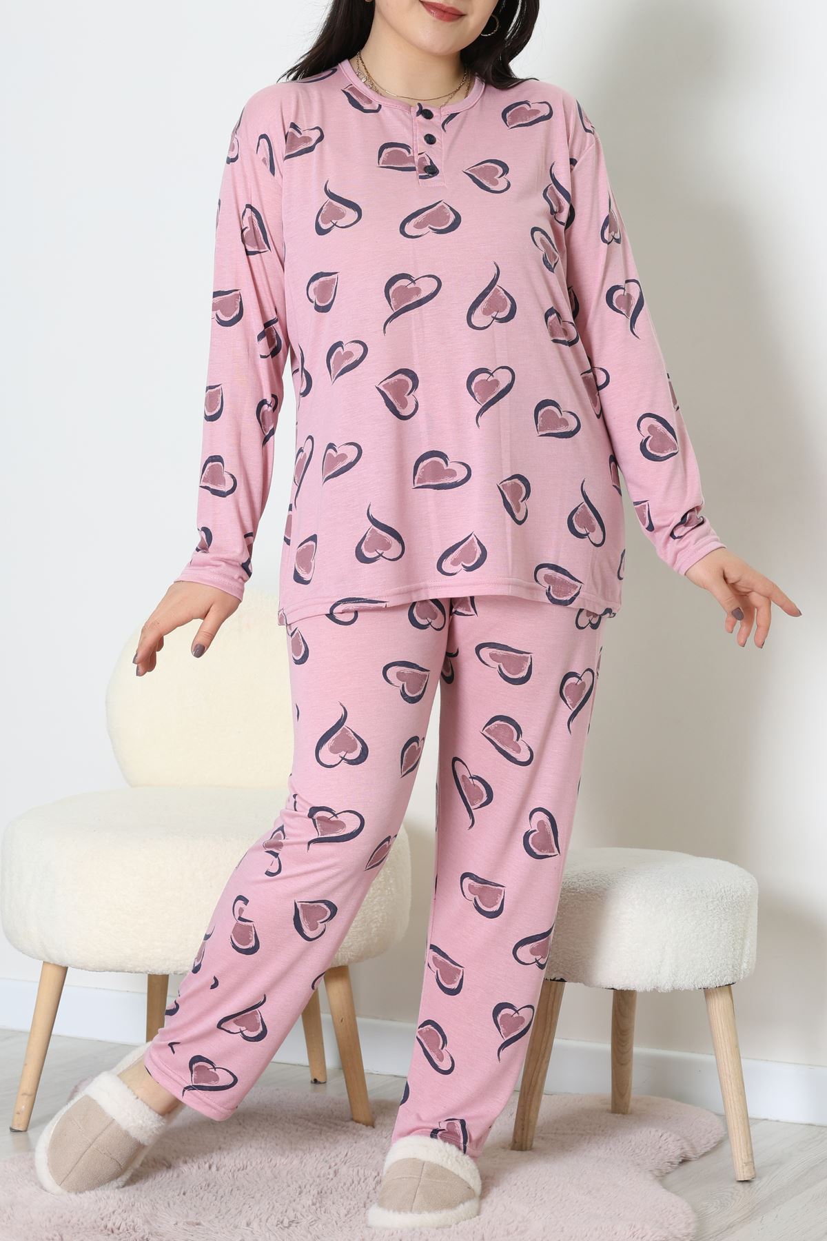 Ring Viskon Büyük Beden Pijama Takımı Pembe - 52202.1961.