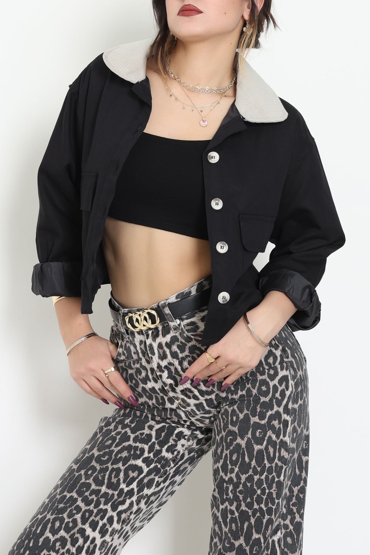 Astarlı Yaka Fitilli Gabardin Ceket Siyah - 8790.179.