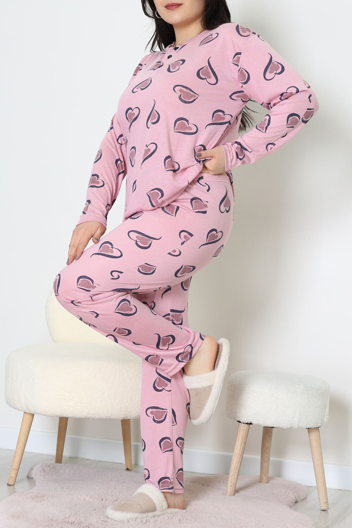 Ring Viskon Büyük Beden Pijama Takımı Pembe - 52202.1961.