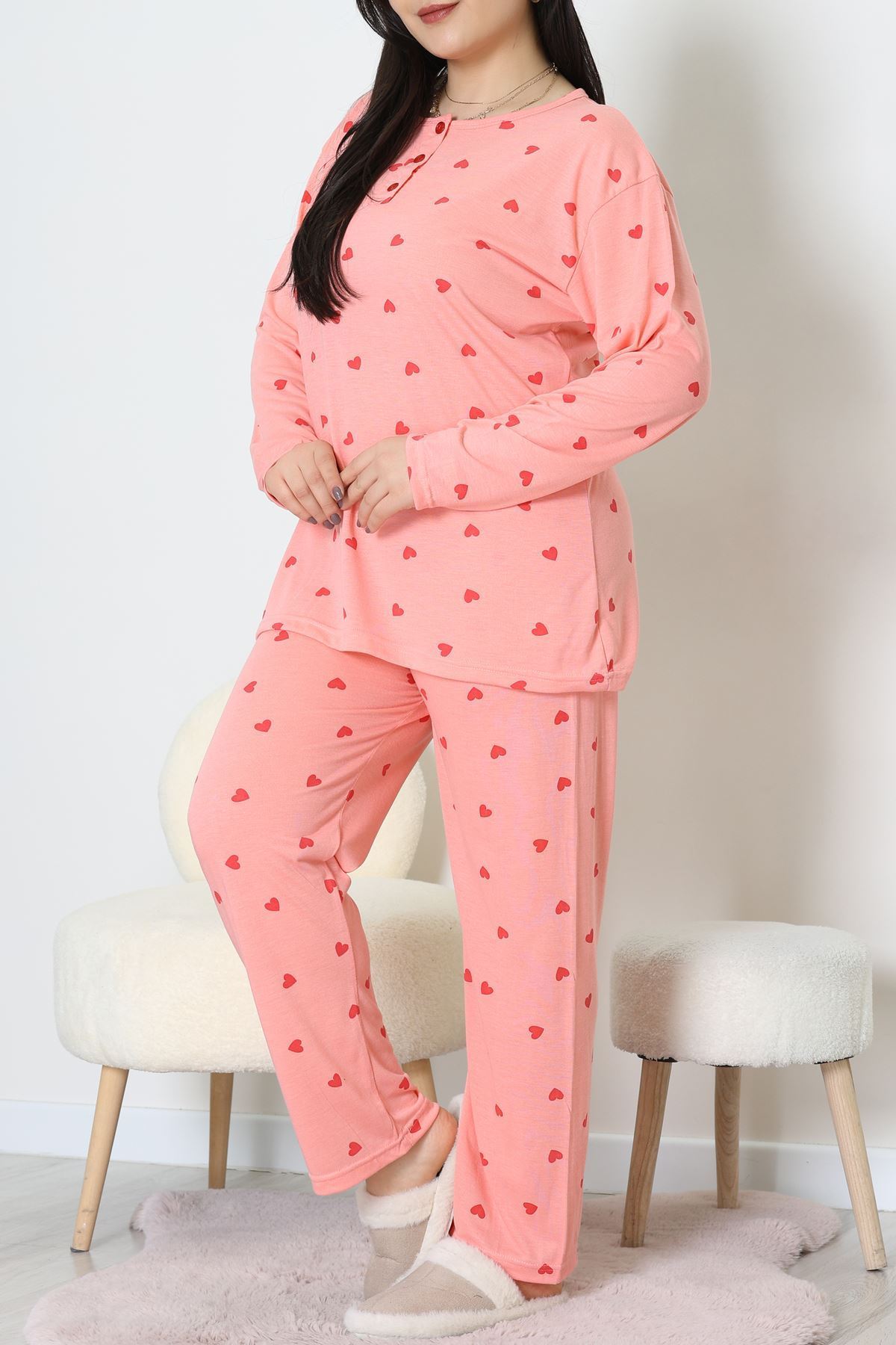 Ring Viskon Büyük Beden Pijama Takımı Somon - 52202.1961.