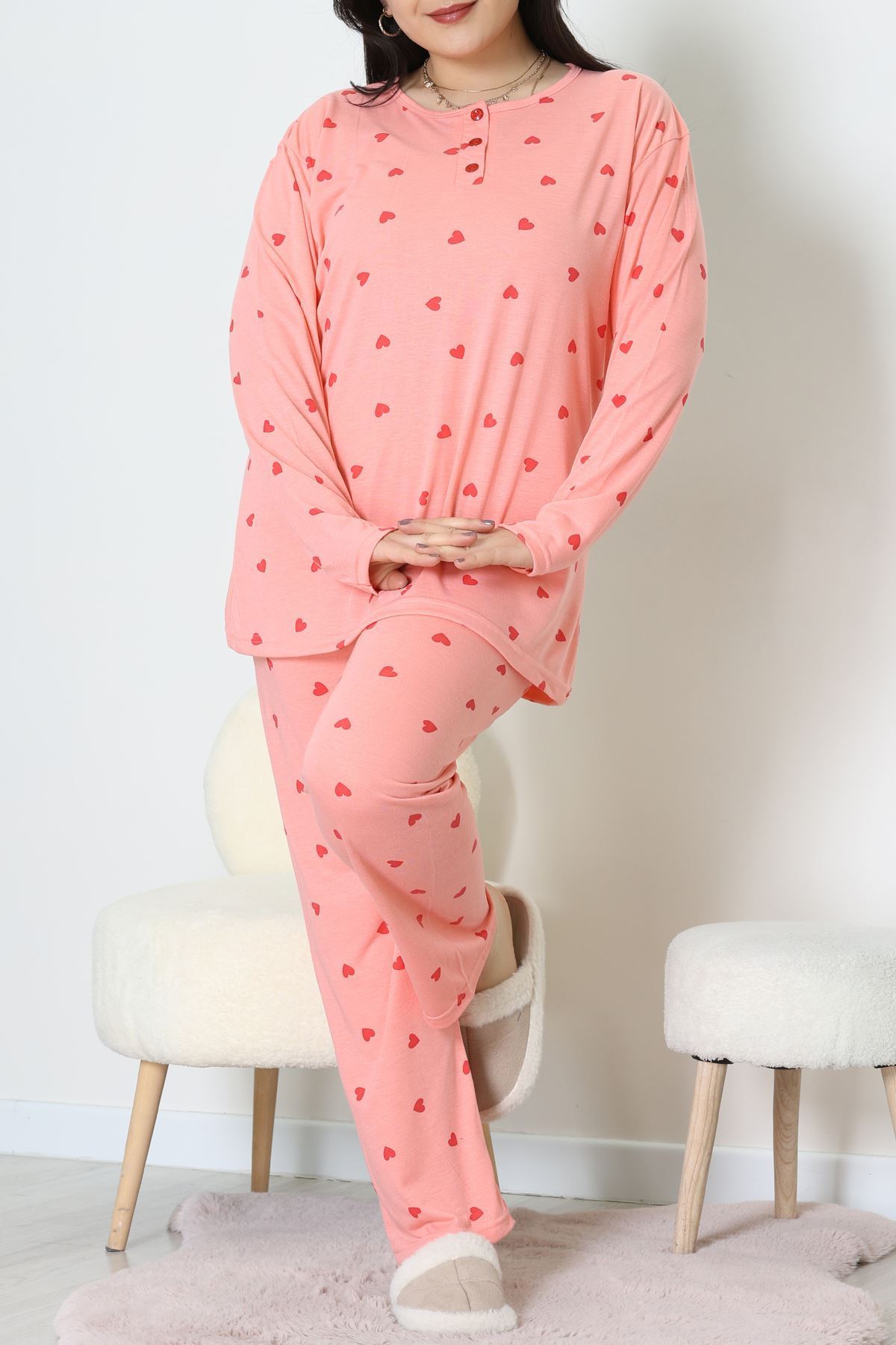 Ring Viskon Büyük Beden Pijama Takımı Somon - 52202.1961.