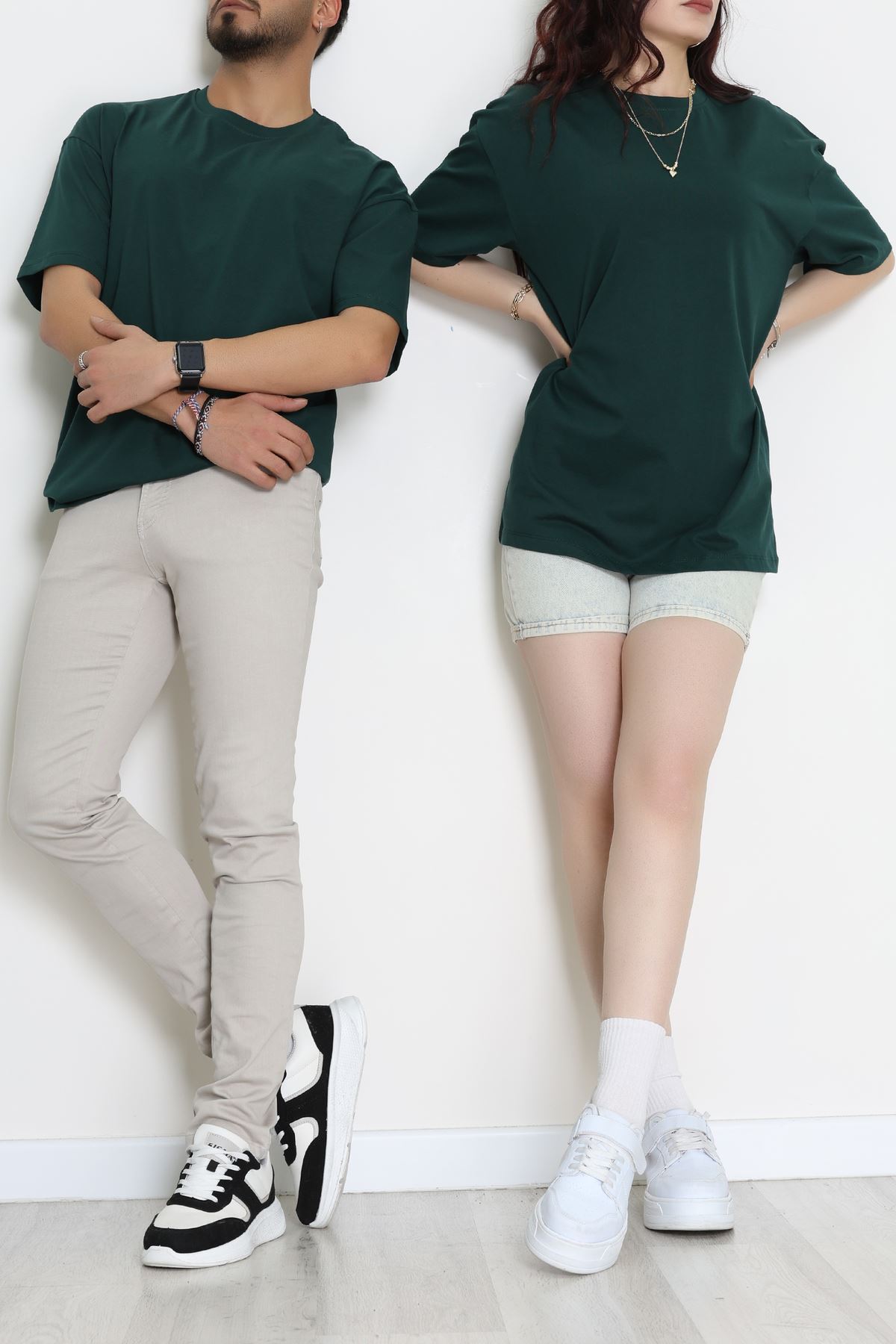 Kompak Penye Unisex Baskısız Oversize Tişört Koyuyeşil - 55045.1872.