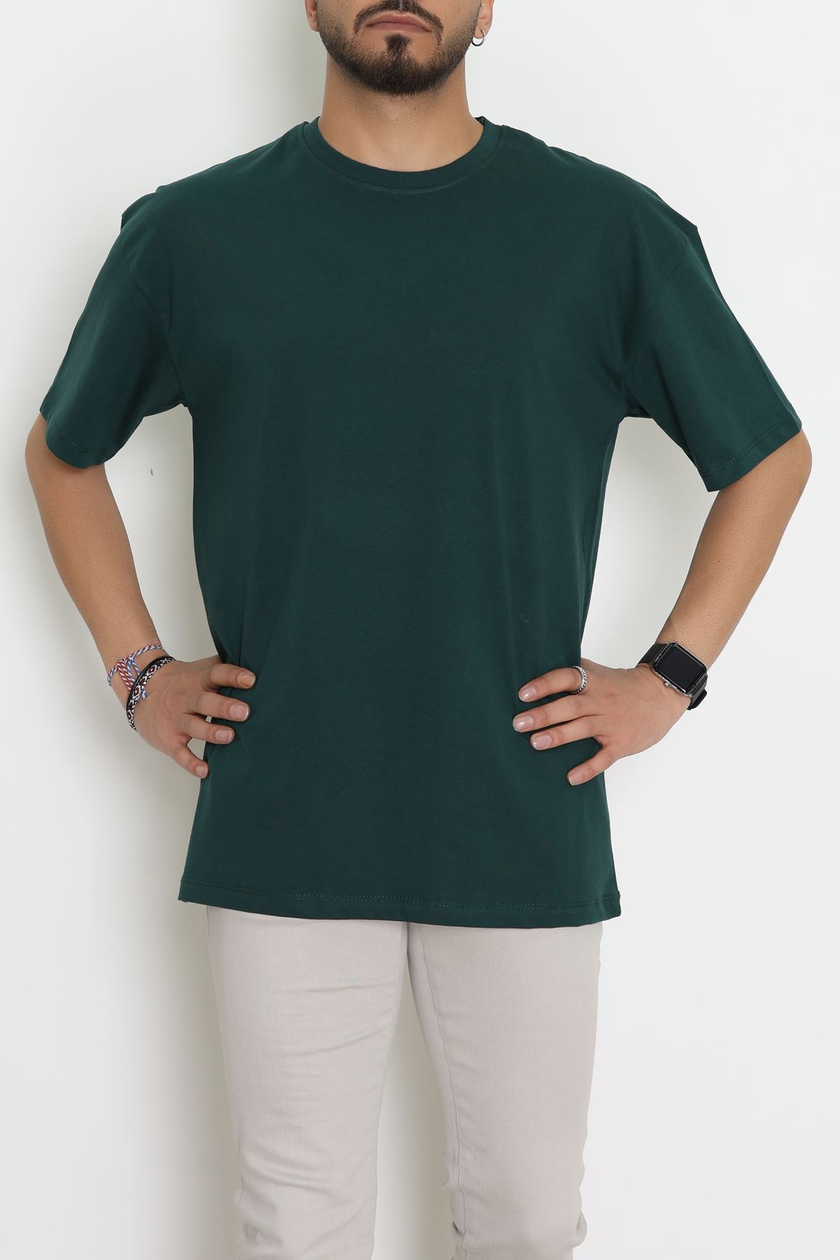 Kompak Penye Unisex Baskısız Oversize Tişört Koyuyeşil - 55045.1872.