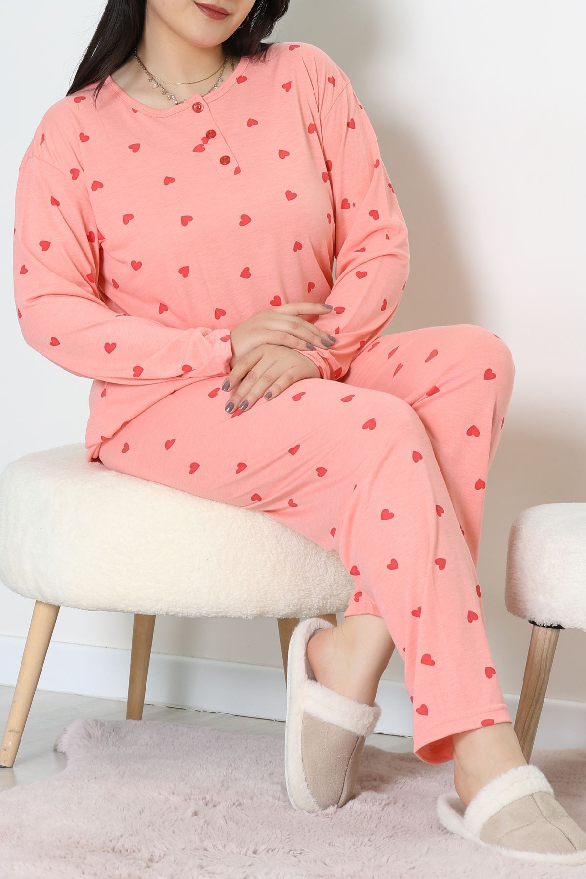 Ring Viskon Büyük Beden Pijama Takımı Somon - 52202.1961.