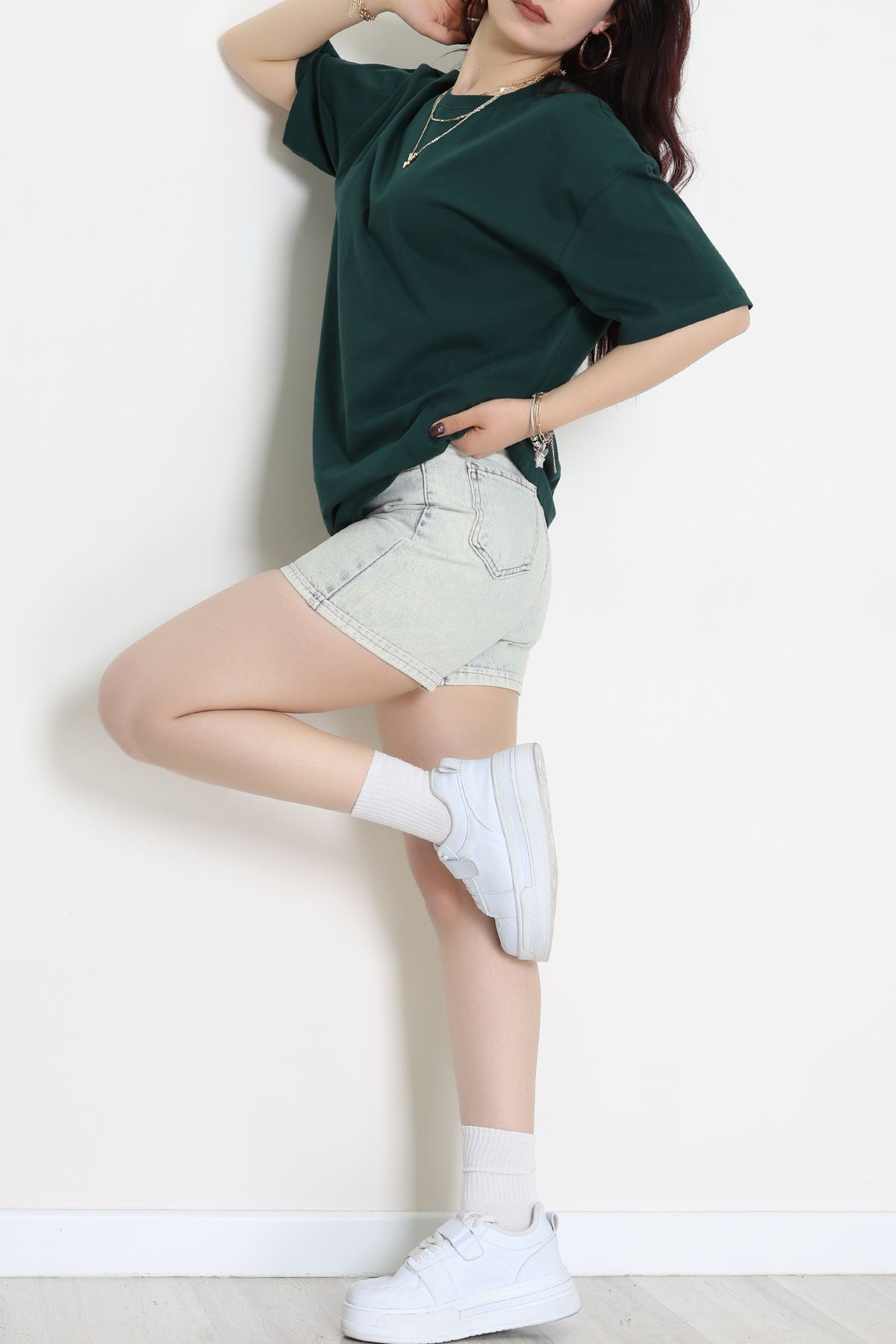 Kompak Penye Unisex Baskısız Oversize Tişört Koyuyeşil - 55045.1872.