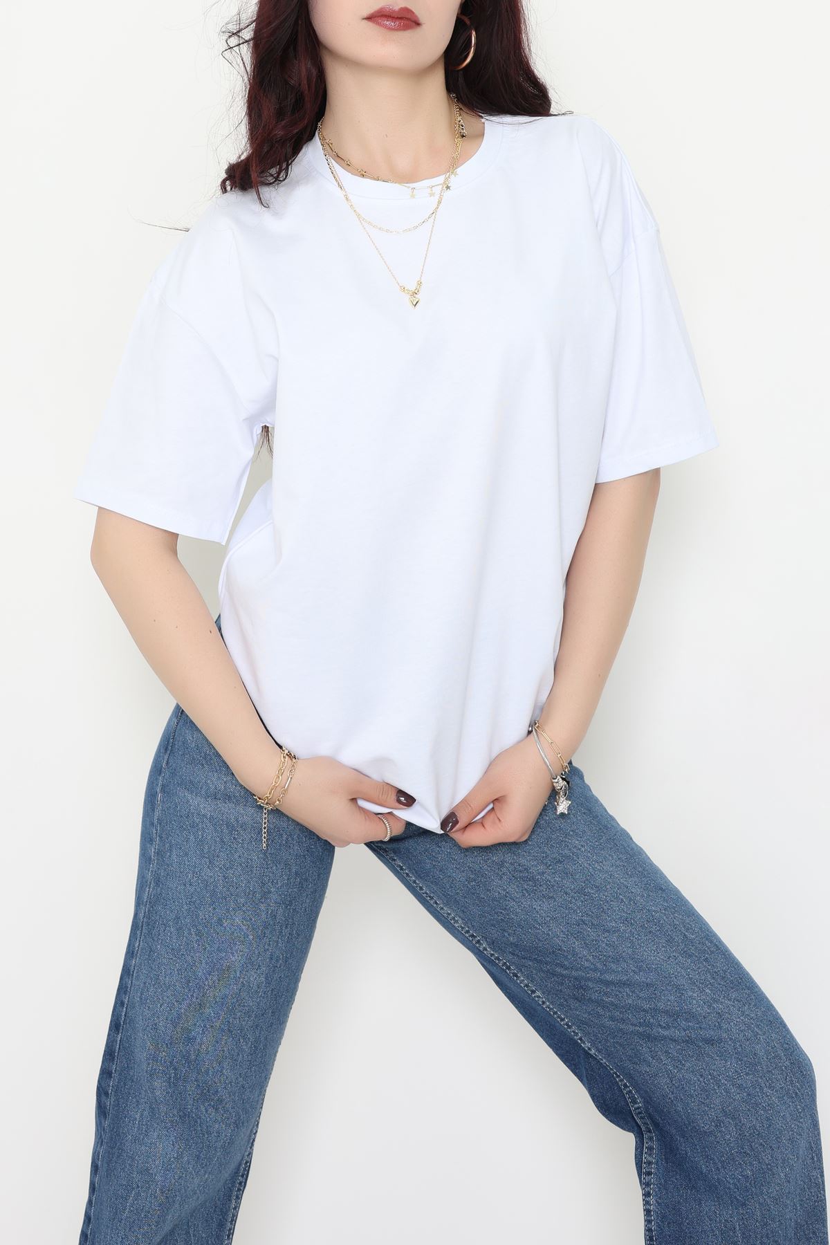 Kompak Penye Unisex Baskısız Oversize Tişört Beyaz - 55045.1872.