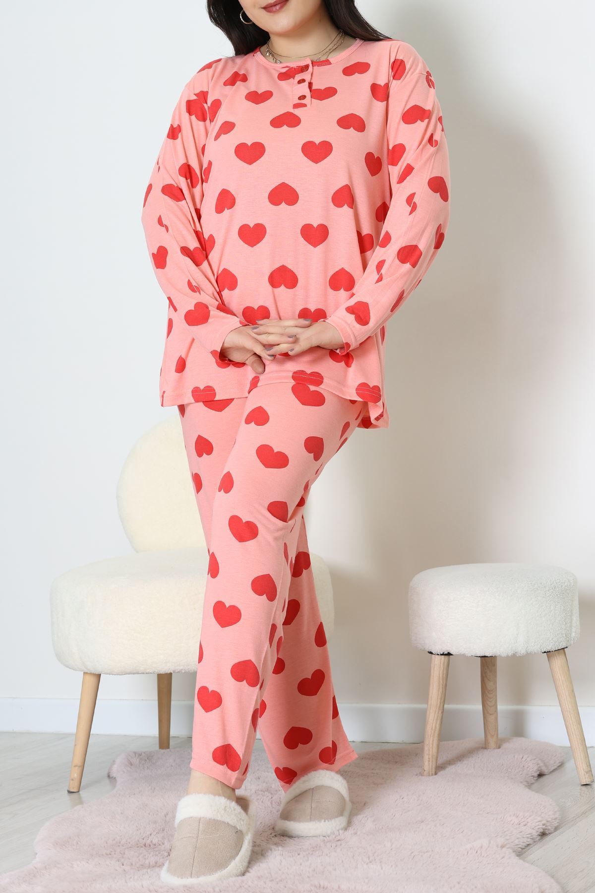 Ring Viskon Büyük Beden Pijama Takımı Somonpembe - 52202.1961.