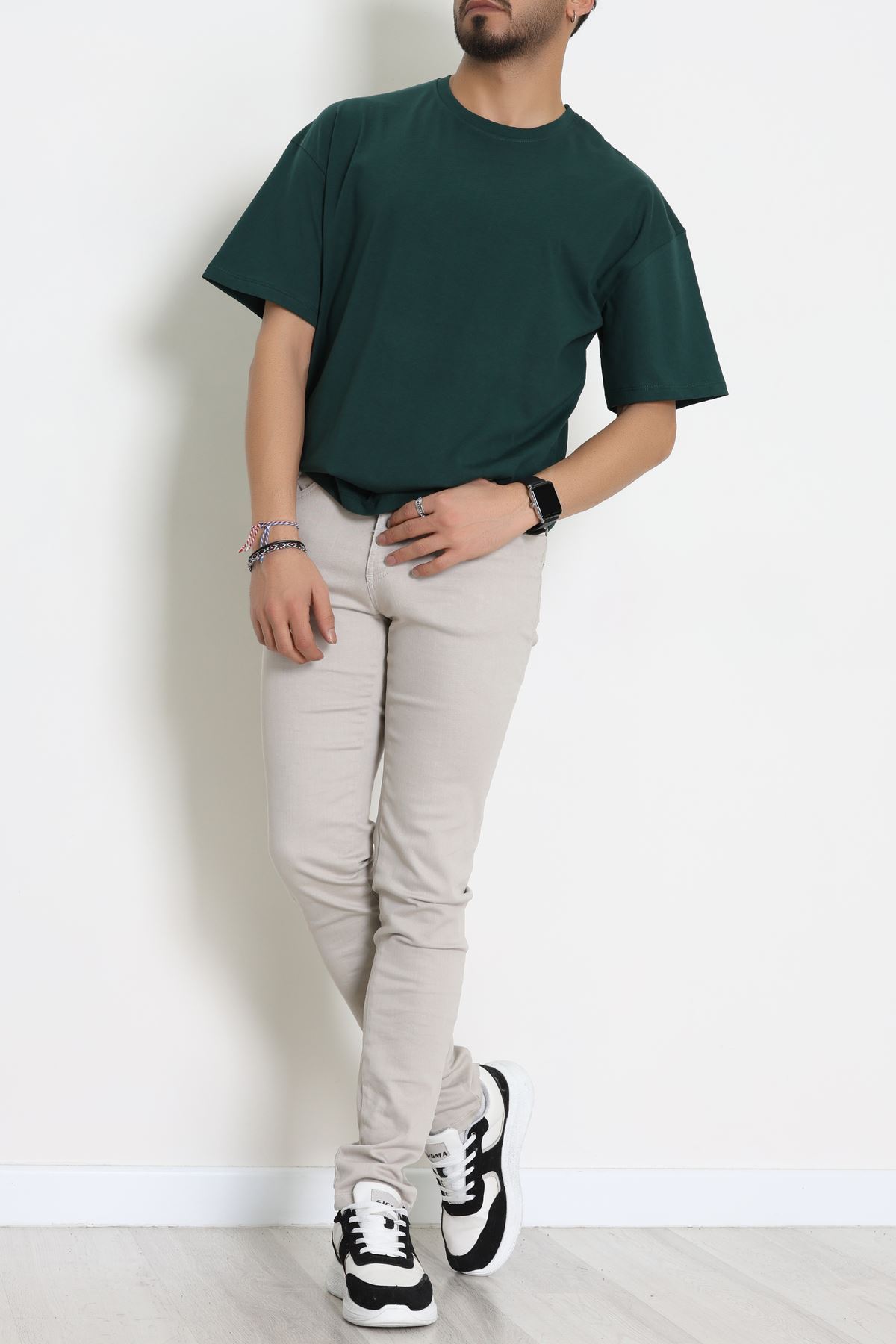 Kompak Penye Unisex Baskısız Oversize Tişört Koyuyeşil - 55045.1872.