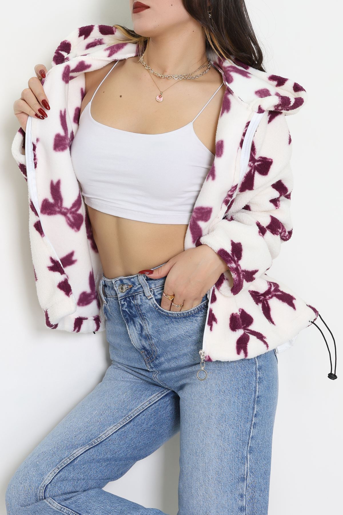 Baskılı Kapşonlu Polar Ceket Ekrumürdüm - 31711.1247.