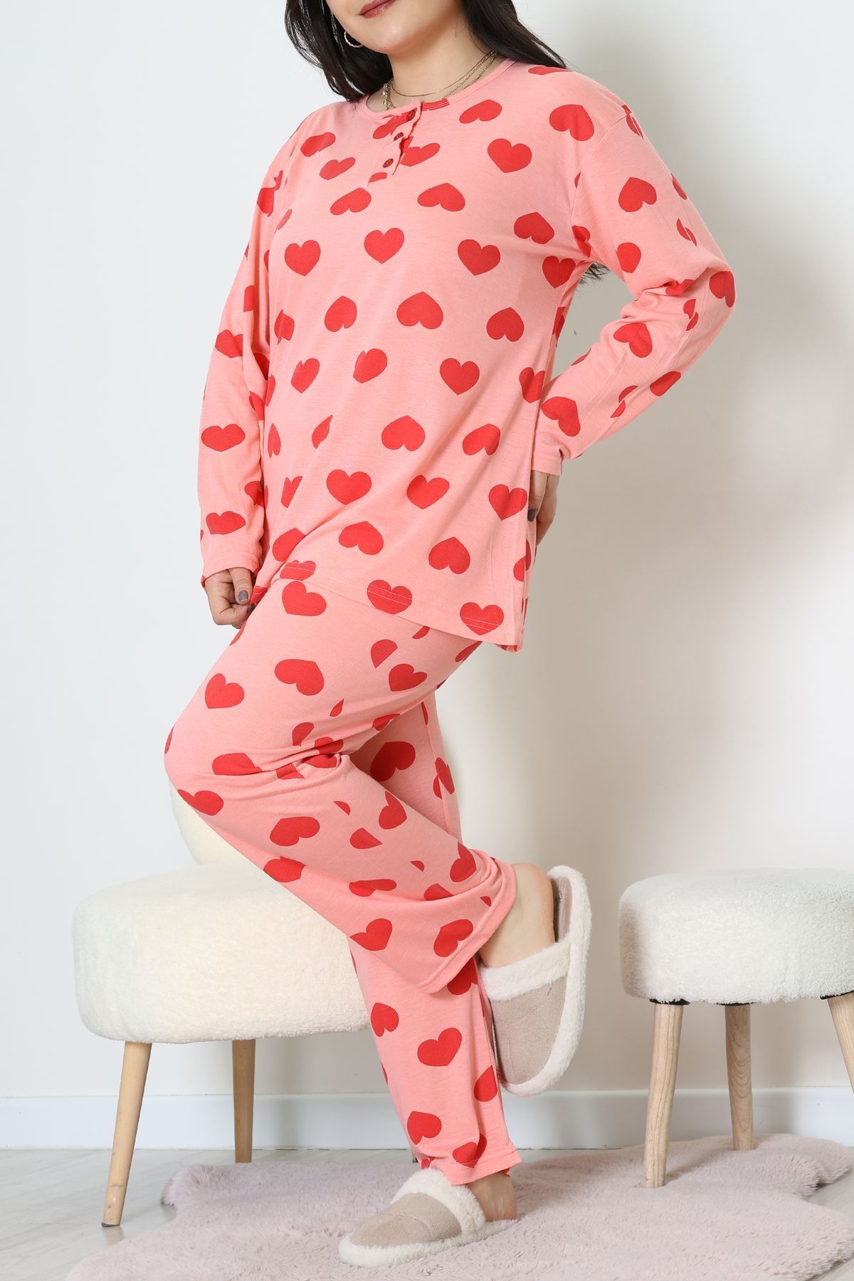 Ring Viskon Büyük Beden Pijama Takımı Somonpembe - 52202.1961.