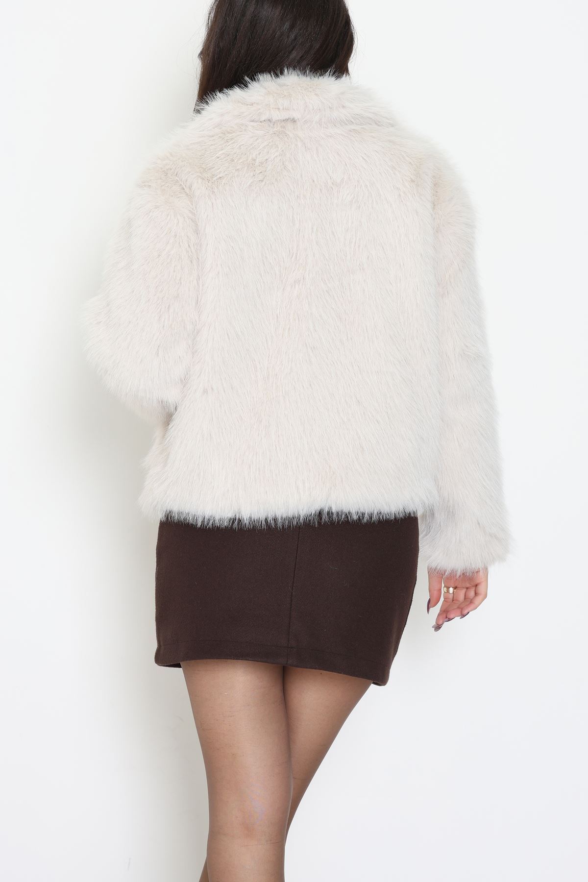 Fermuarlı Kürklü Ceket Krem - 8780.179.