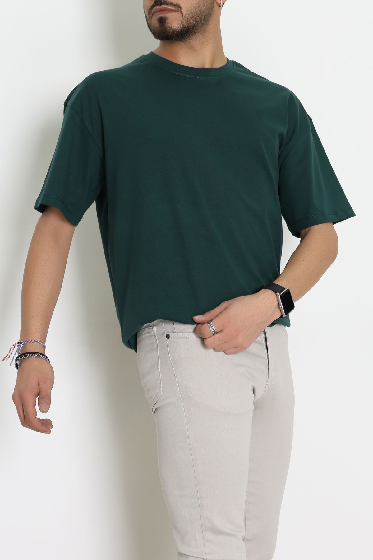 Kompak Penye Unisex Baskısız Oversize Tişört Koyuyeşil - 55045.1872.