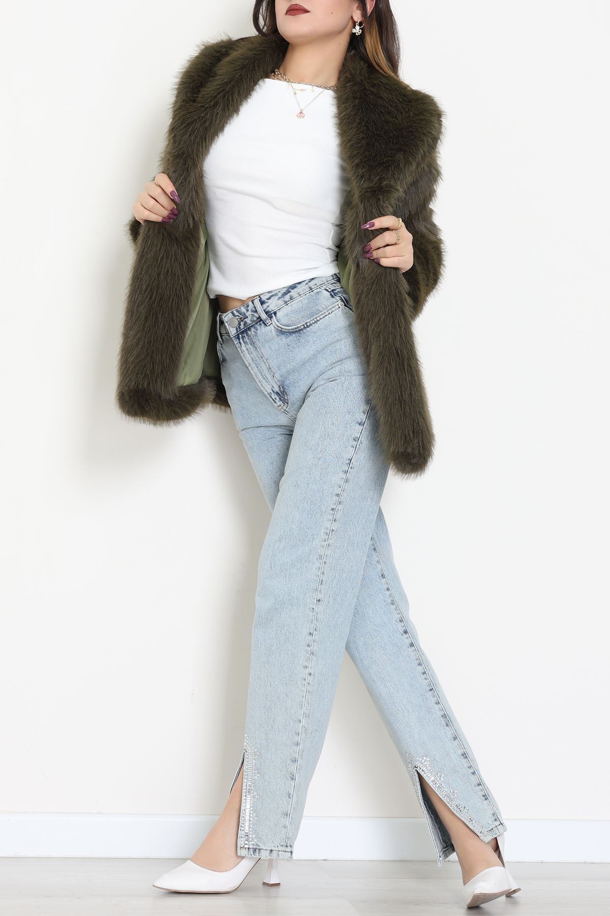 Kemerli Astarlı Kürk Mont Haki - 6677.179.