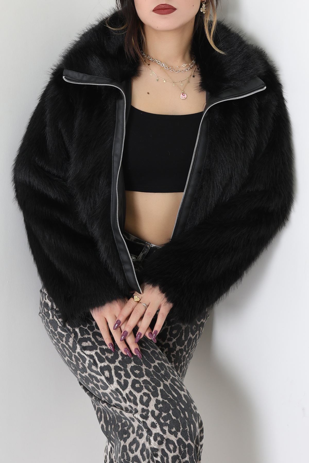 Fermuarlı Kürklü Ceket Siyah - 8780.179.