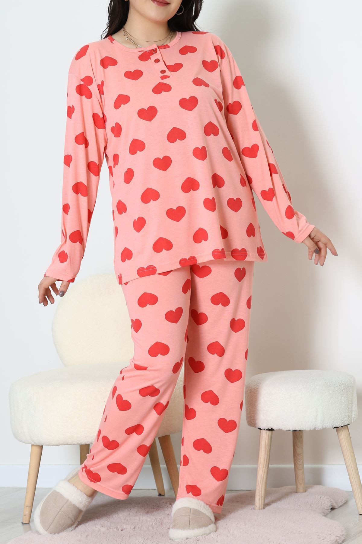 Ring Viskon Büyük Beden Pijama Takımı Somonpembe - 52202.1961.