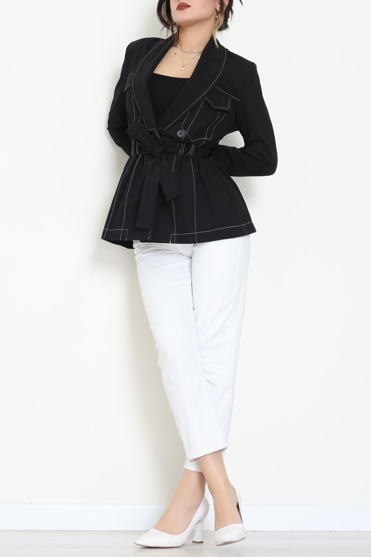 Bağlamalı Gabardin Ceket Siyah - 8123.179.