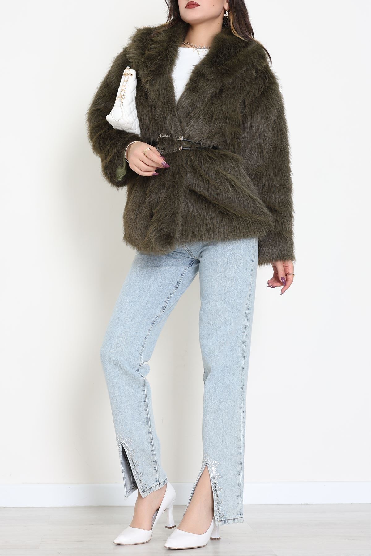 Kemerli Astarlı Kürk Mont Haki - 6677.179.