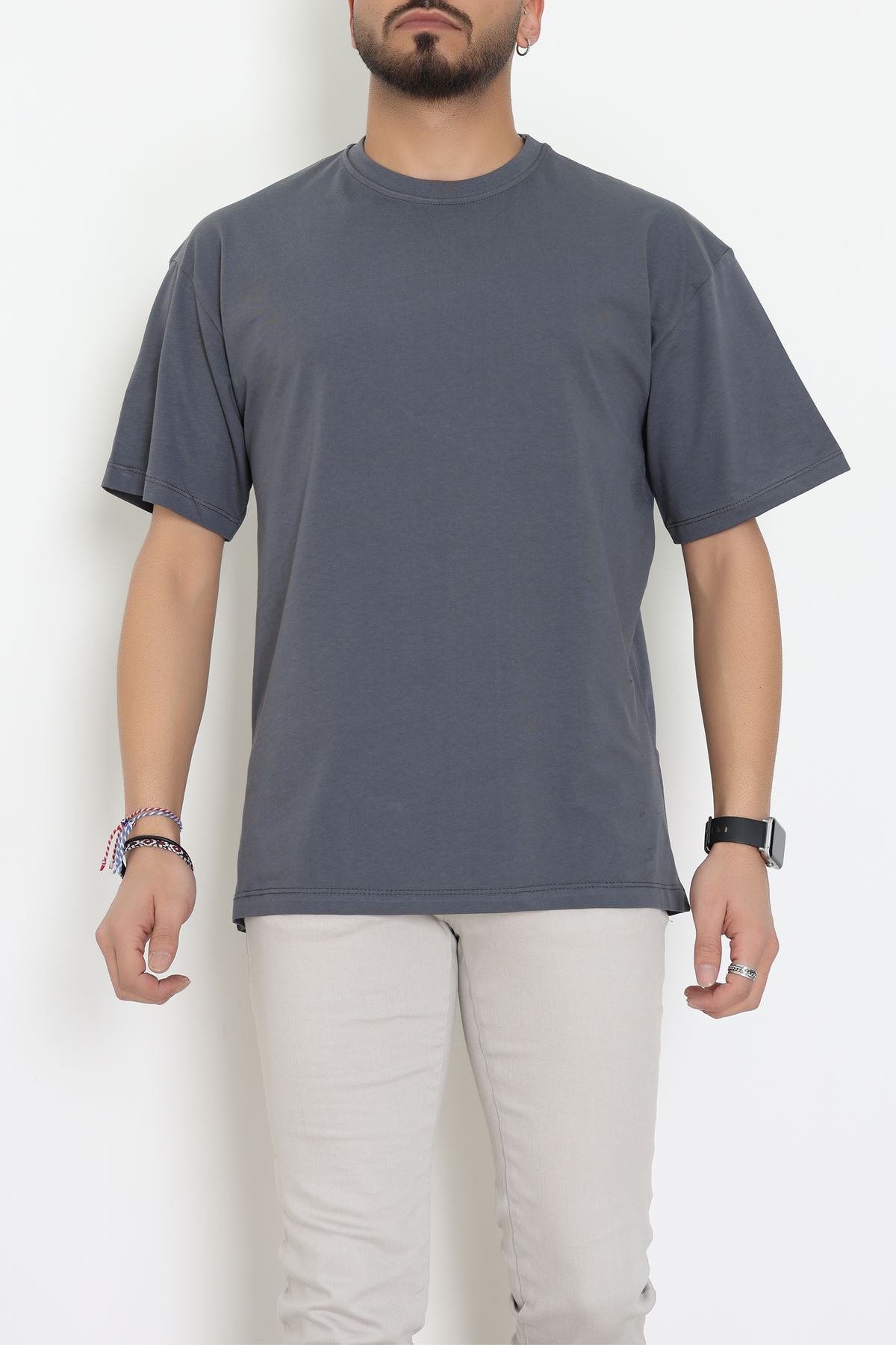 Kompak Penye Unisex Baskısız Oversize Tişört Antrasit - 55045.1872.