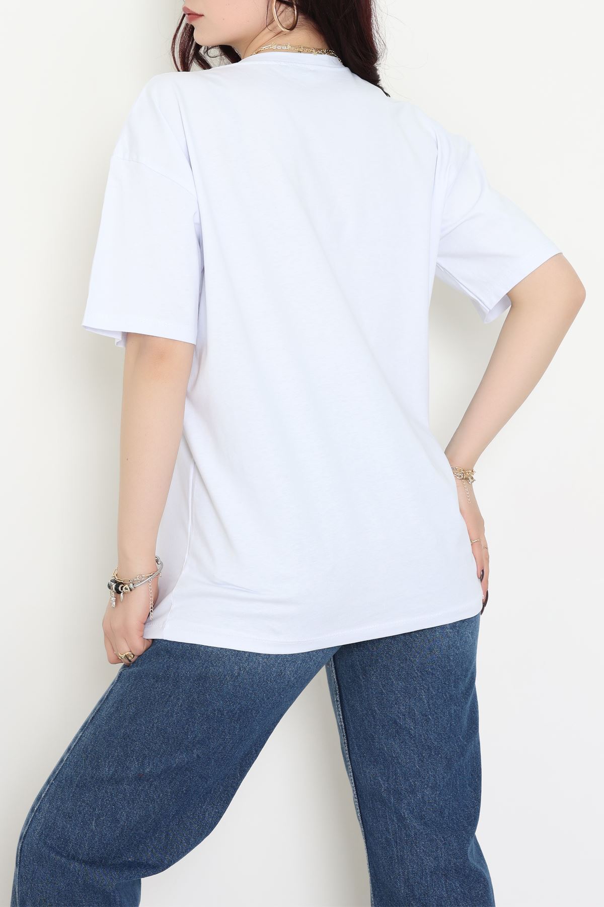 Kompak Penye Unisex Baskısız Oversize Tişört Beyaz - 55045.1872.