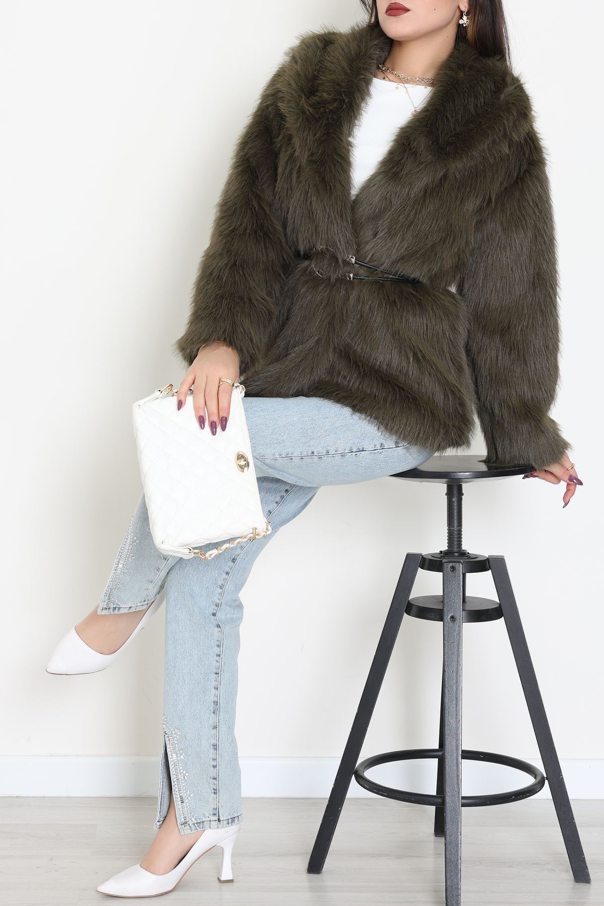 Kemerli Astarlı Kürk Mont Haki - 6677.179.