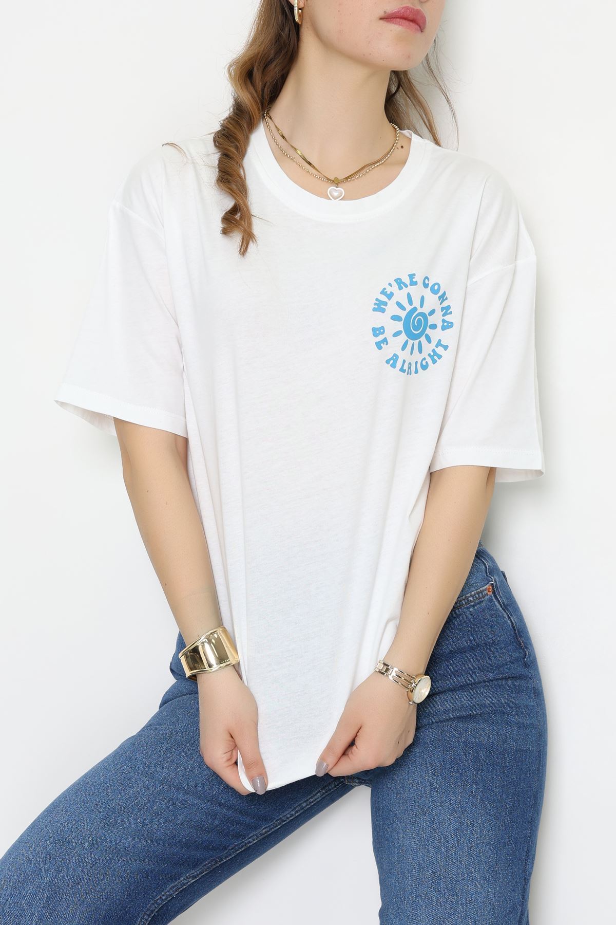 Kompakt Penye Unisex Tişört Beyazmavi1 - 55064.1872.