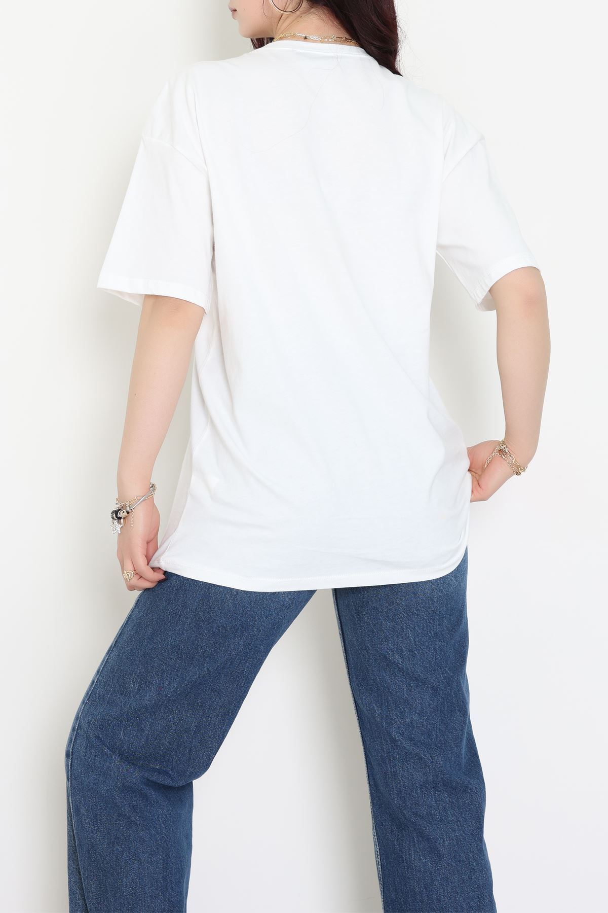 Kompak Penye Unisex Baskısız Oversize Tişört Ekru - 55045.1872.