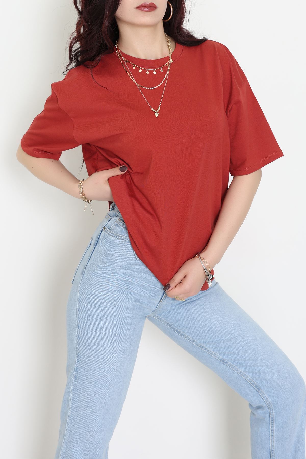 Kompak Penye Unisex Baskısız Oversize Tişört Kiremit - 55045.1872.