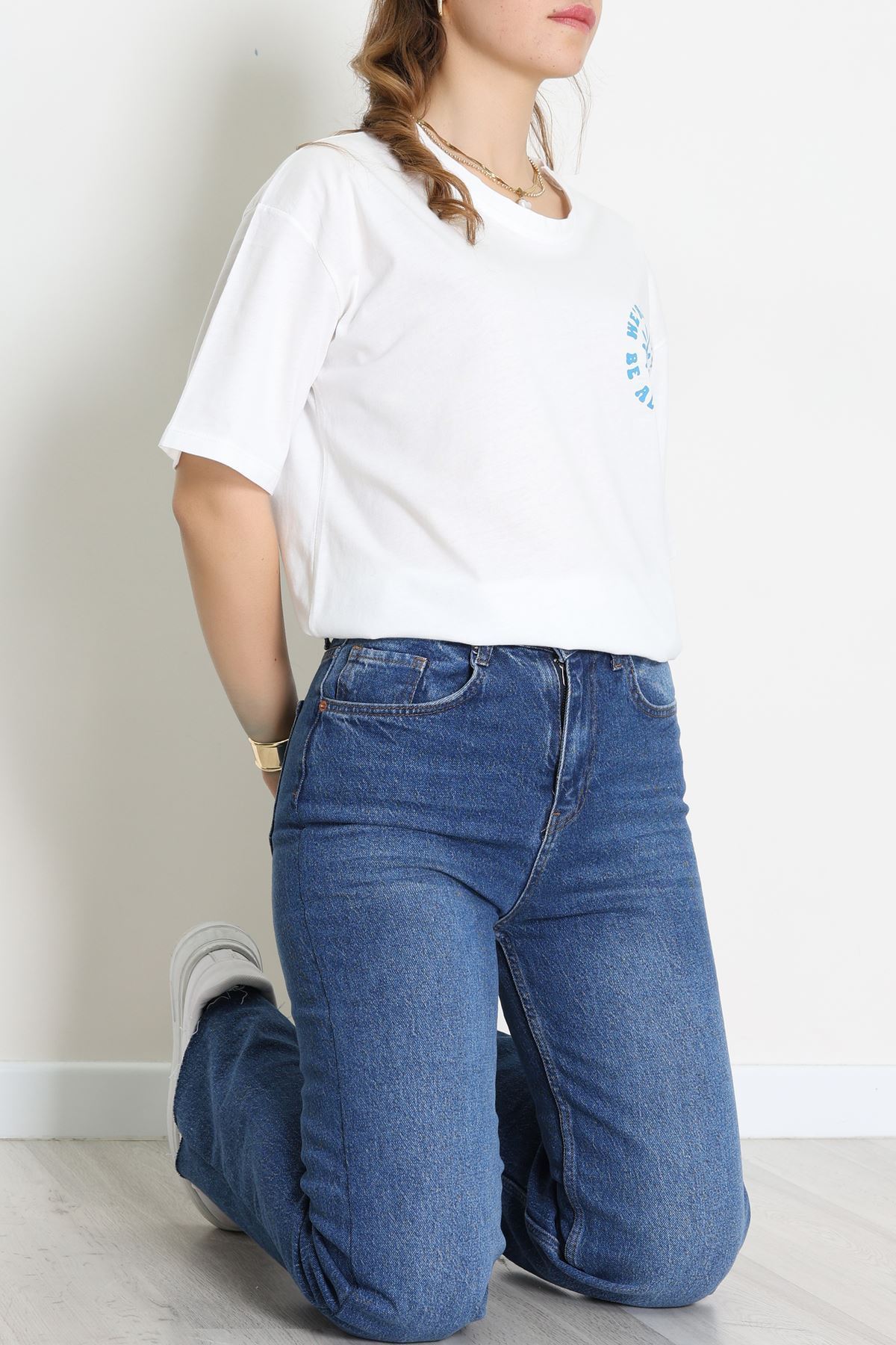 Kompakt Penye Unisex Tişört Beyazmavi1 - 55064.1872.