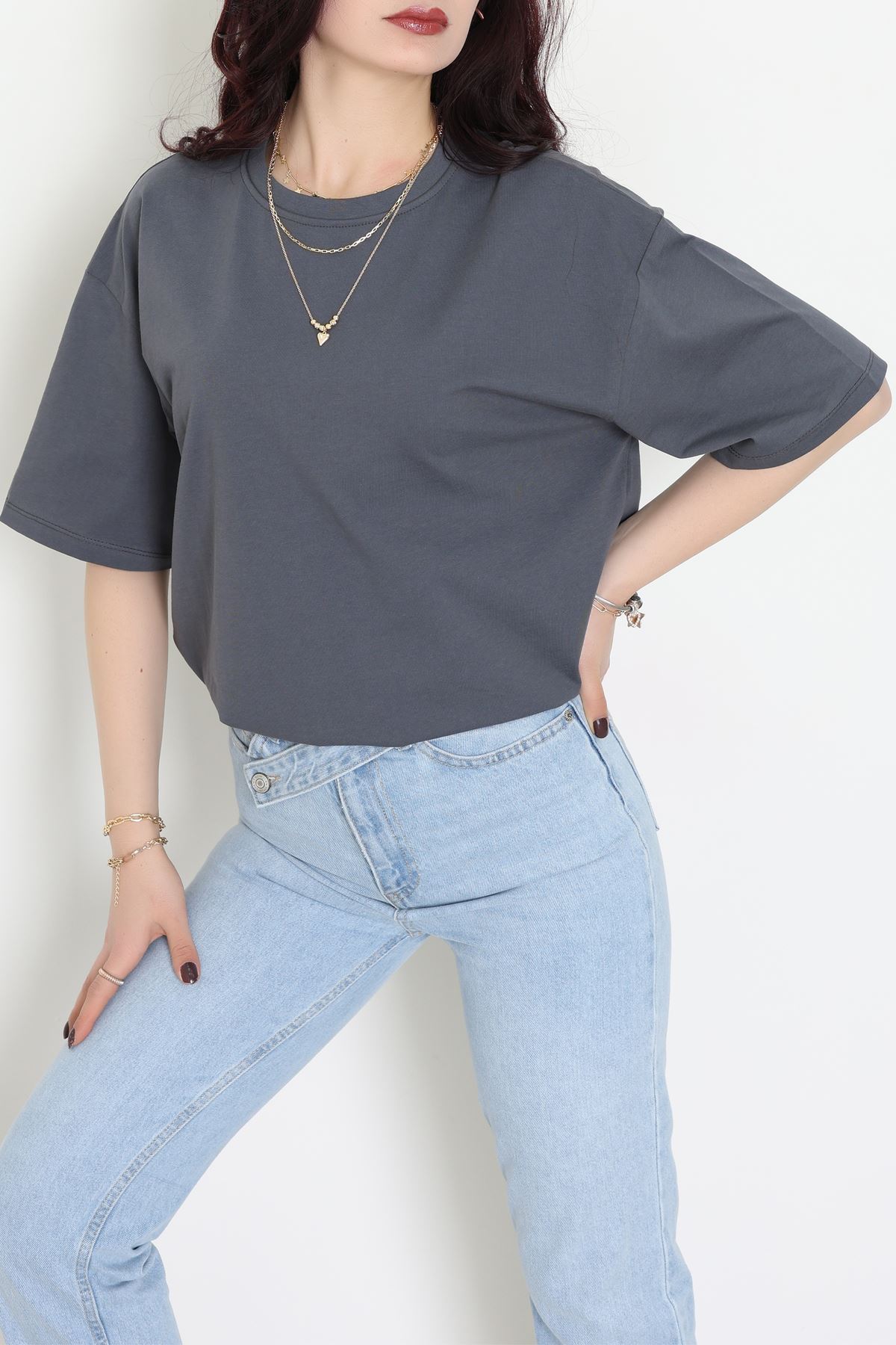 Kompak Penye Unisex Baskısız Oversize Tişört Antrasit - 55045.1872.