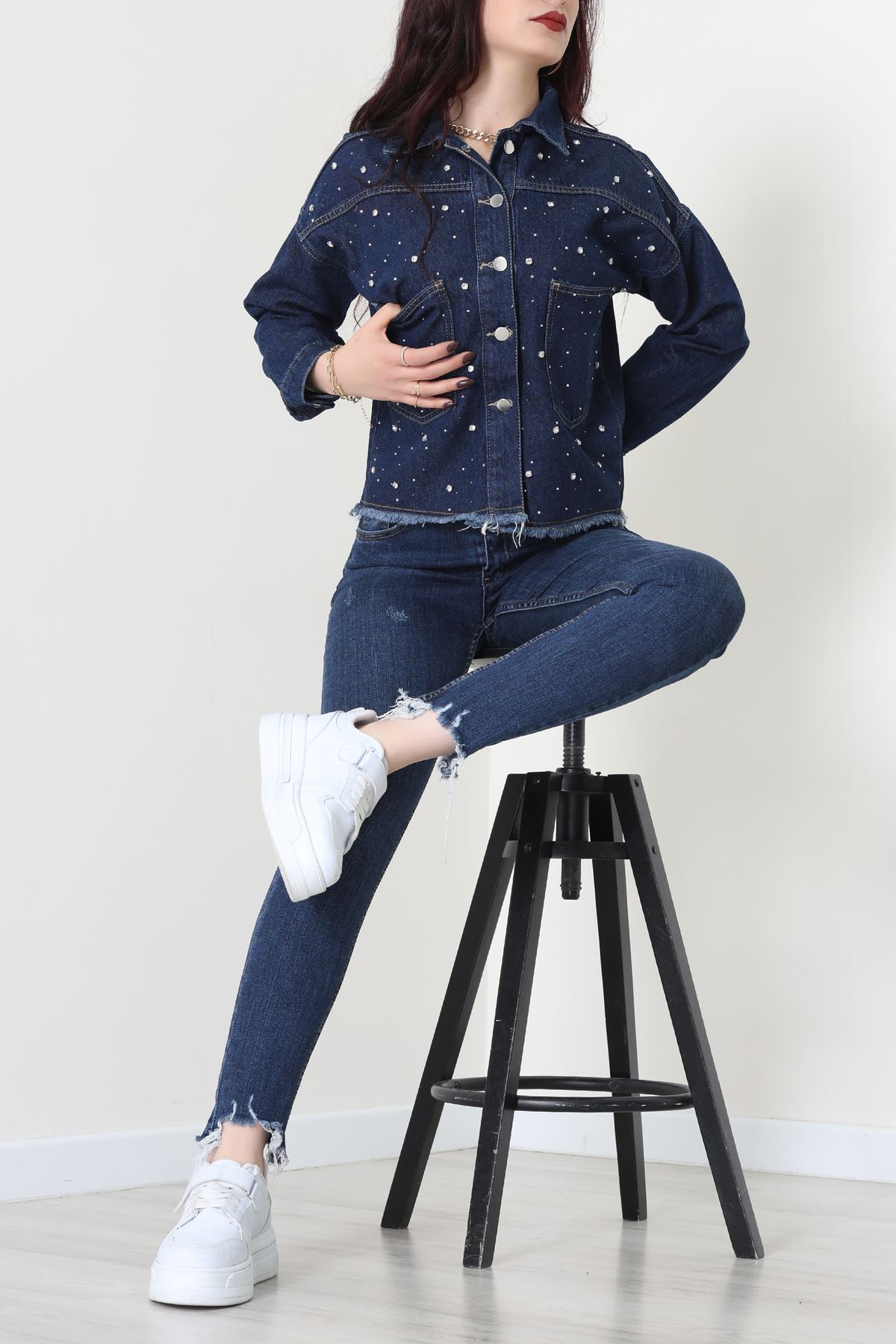 Taşlı Kot Ceket Lacivert - 001.2059.