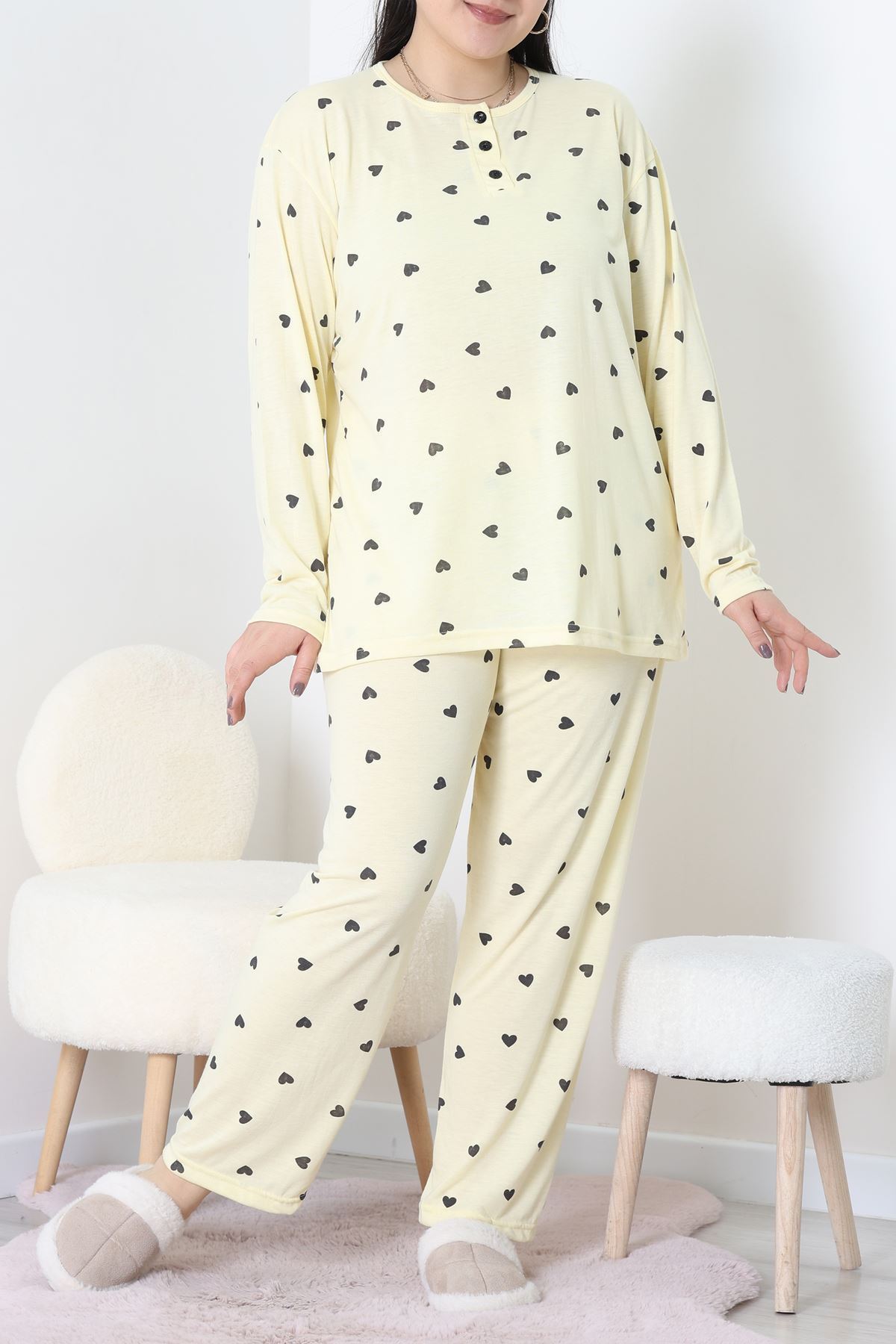 Ring Viskon Büyük Beden Pijama Takımı Sarı - 52202.1961.