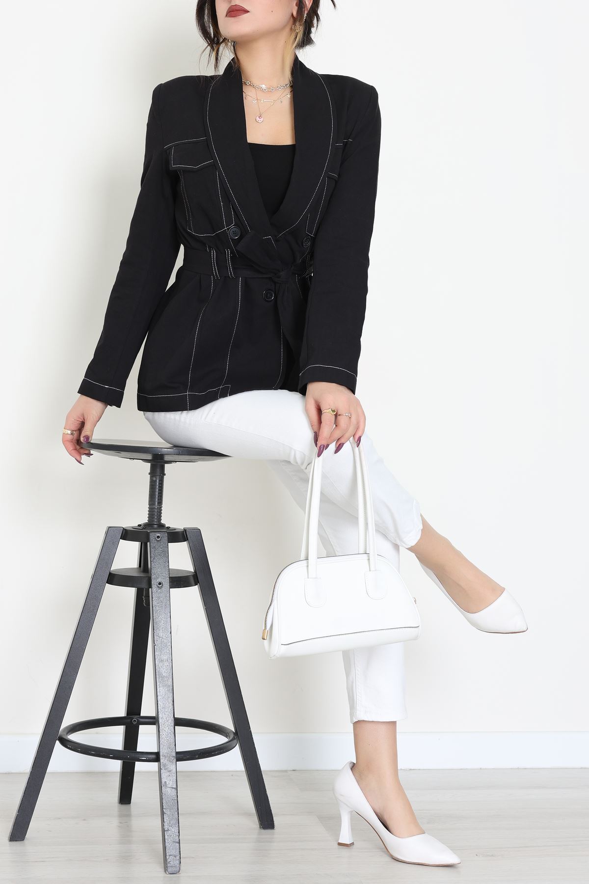 Bağlamalı Gabardin Ceket Siyah - 8123.179.