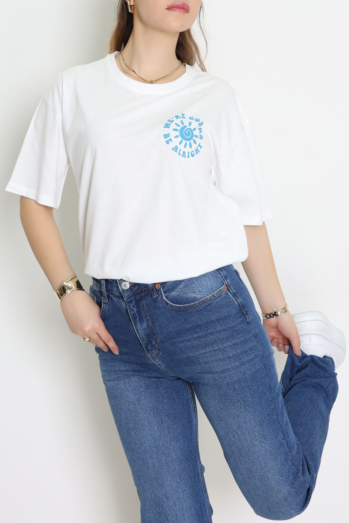 Kompakt Penye Unisex Tişört Beyazmavi1 - 55064.1872.