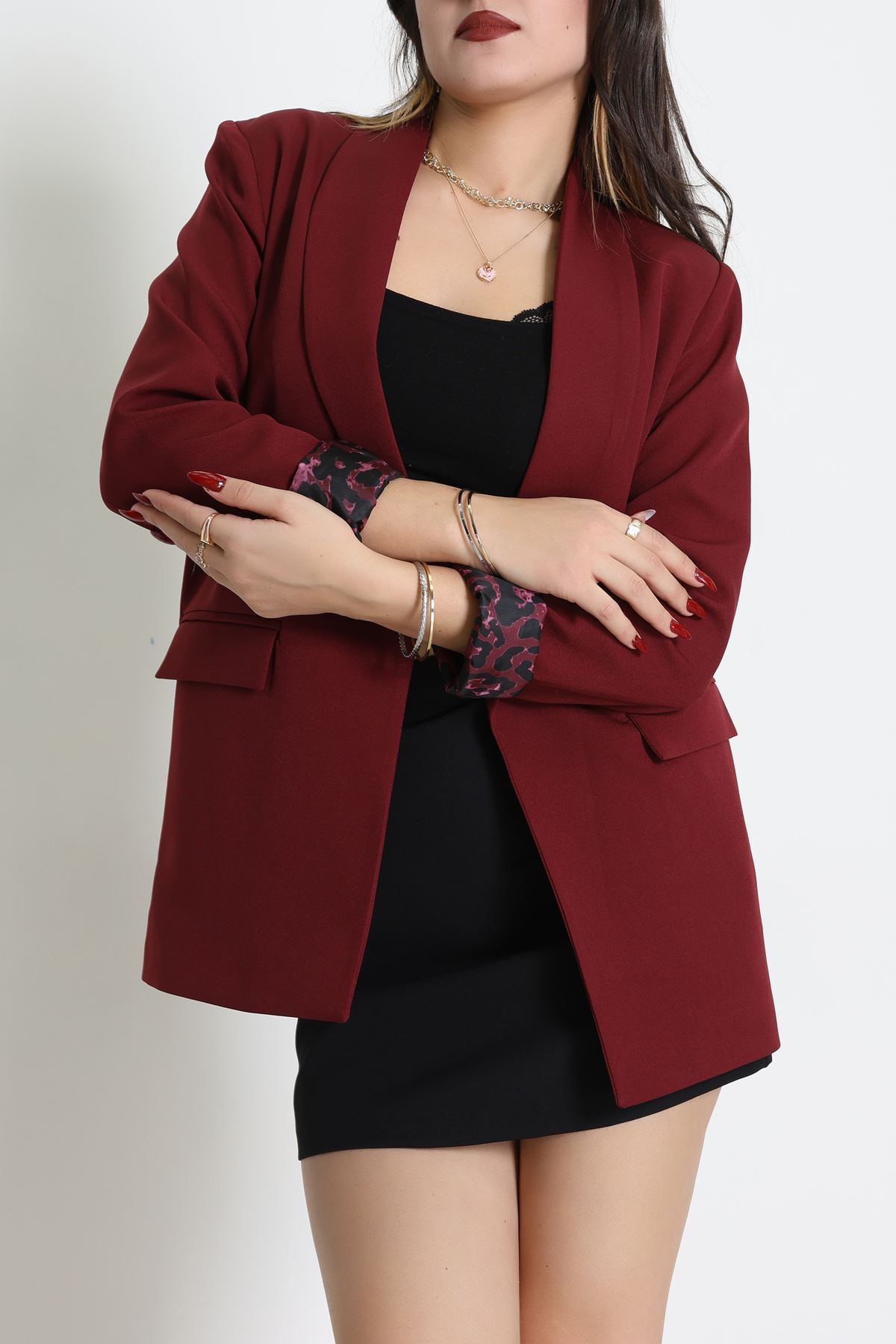 Leopar Astarlı Blazer Ceket Bordo1 - 51500.1355.