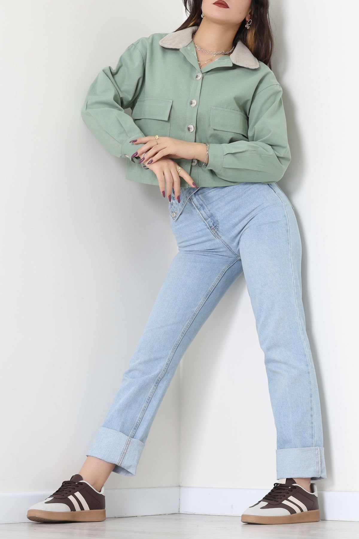 Astarlı Yaka Fitilli Gabardin Ceket Mint - 8790.179.
