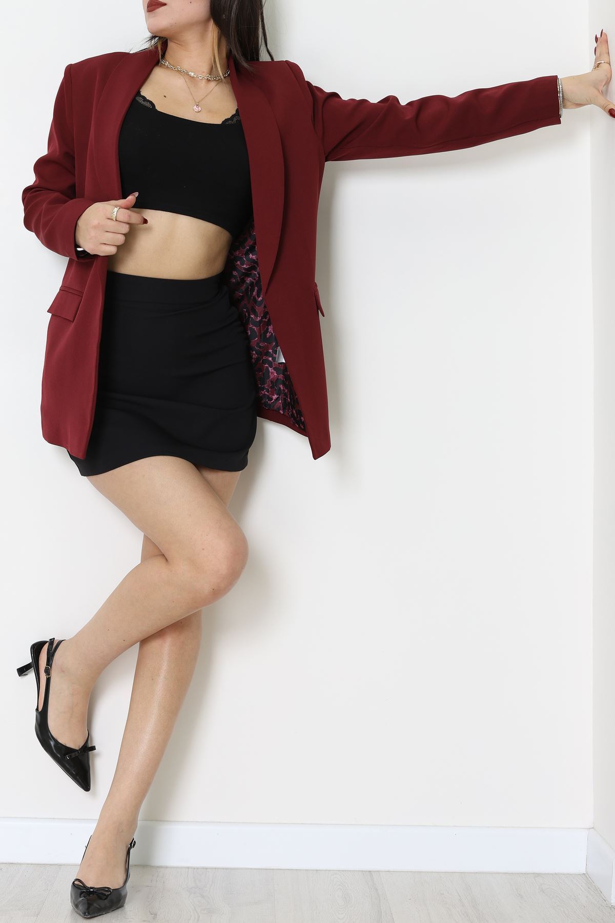 Leopar Astarlı Blazer Ceket Bordo1 - 51500.1355.