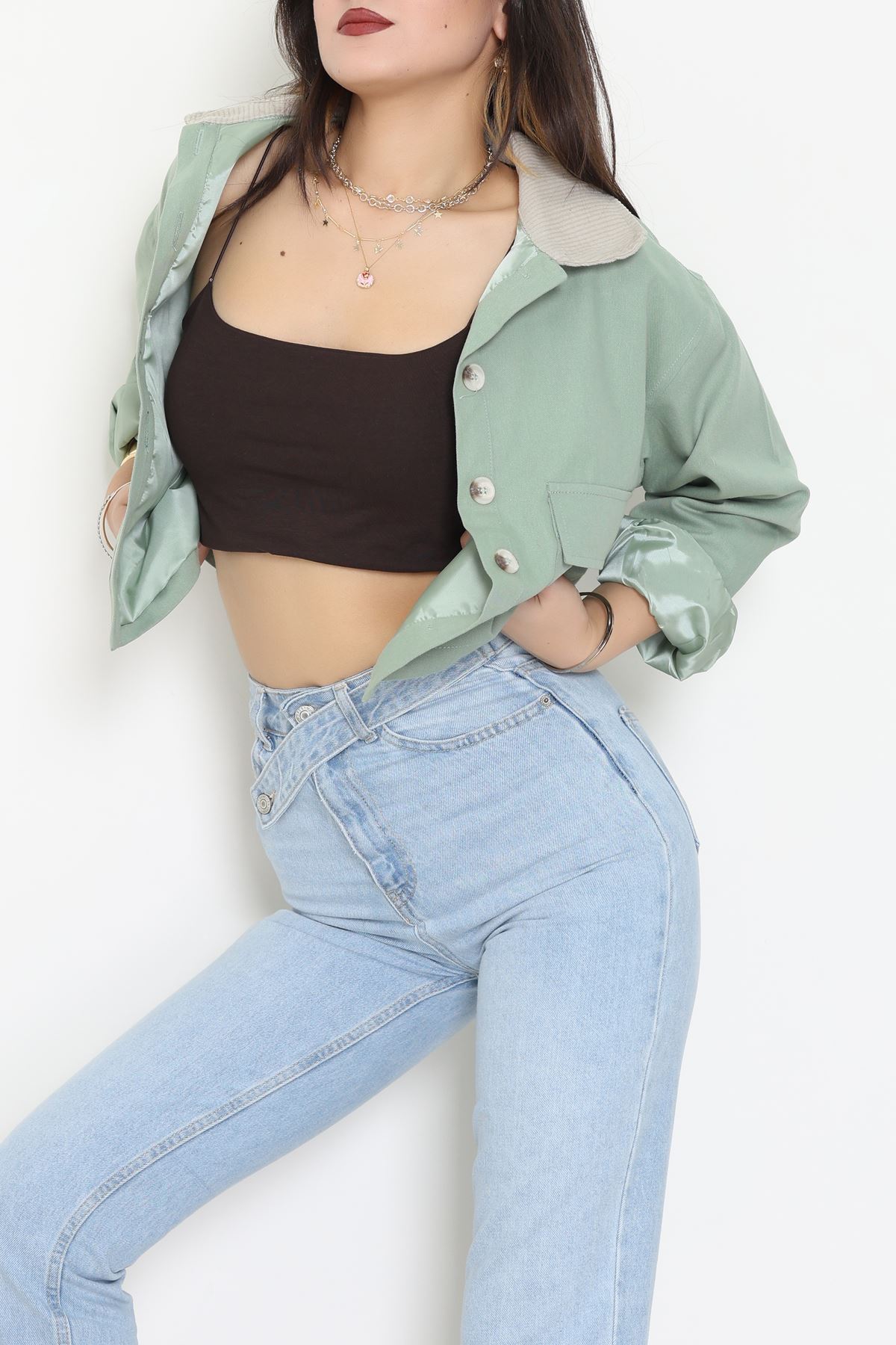Astarlı Yaka Fitilli Gabardin Ceket Mint - 8790.179.