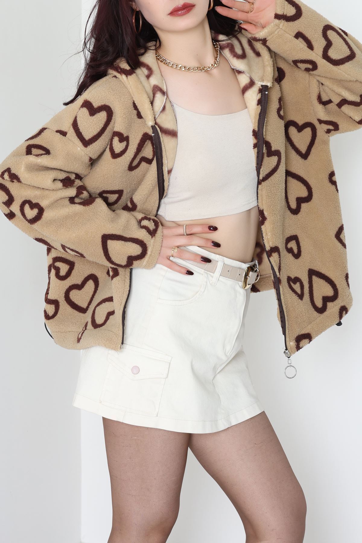 Baskılı Kapşonlu Polar Ceket Vizonkahve - 31711.1247.