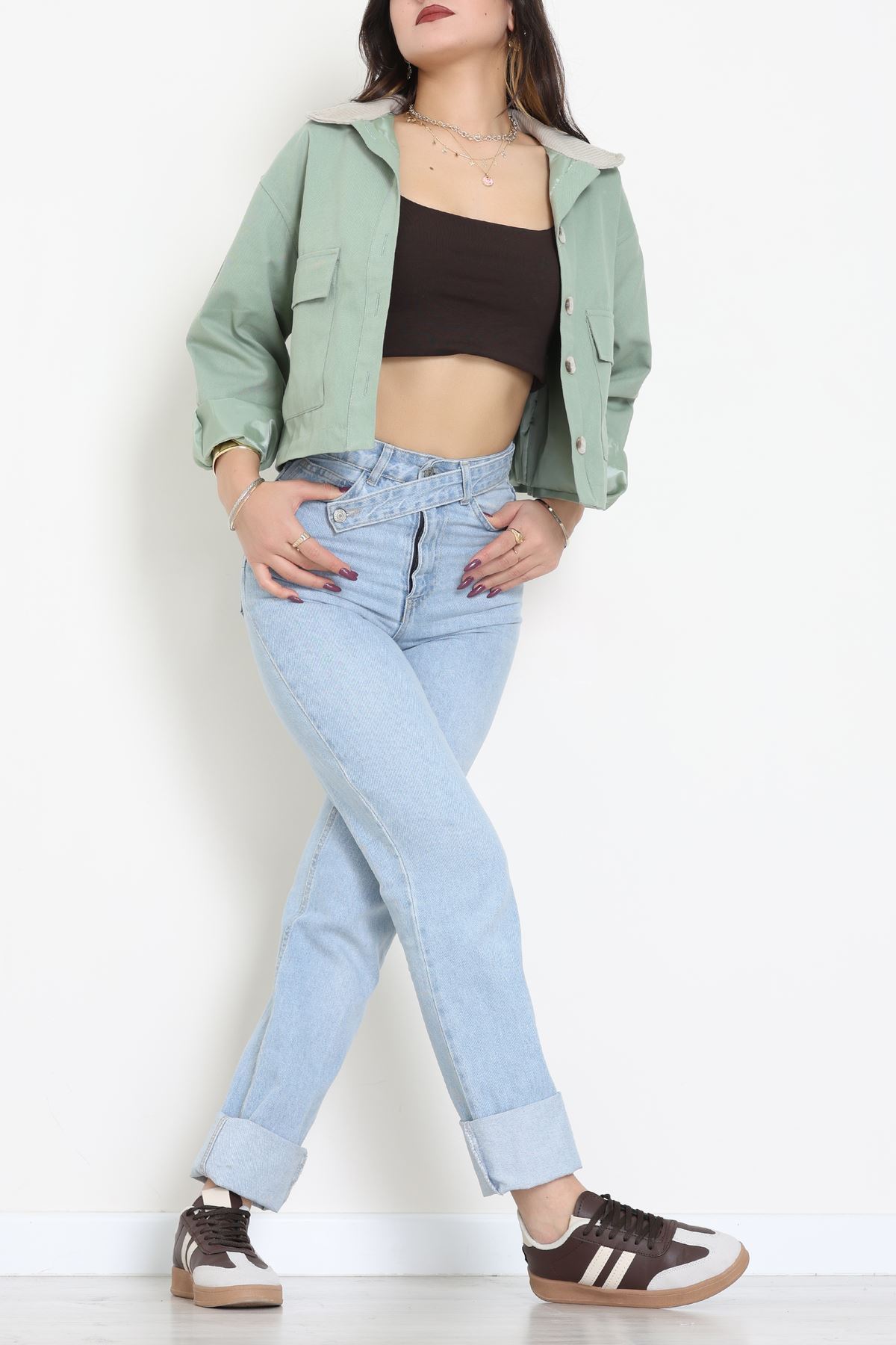 Astarlı Yaka Fitilli Gabardin Ceket Mint - 8790.179.