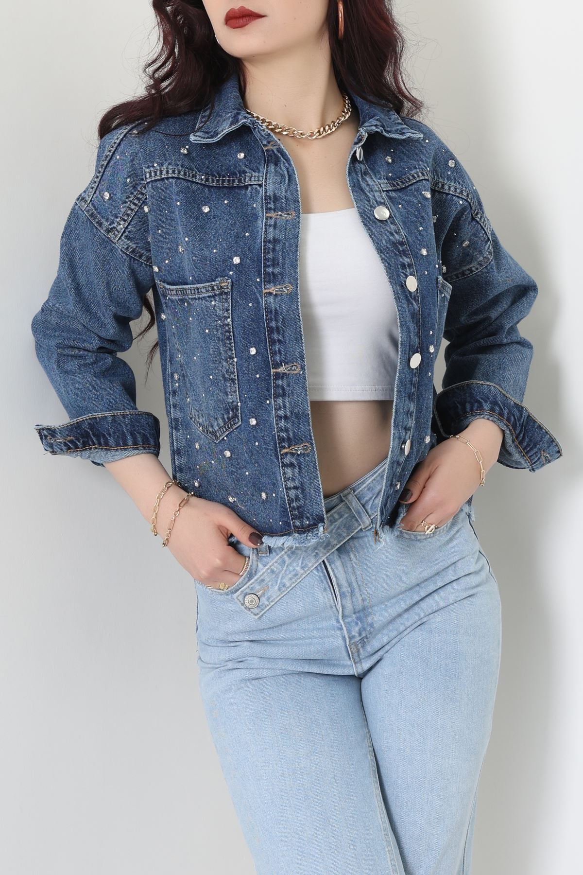 Taşlı Kot Ceket Mavi - 001.2059.