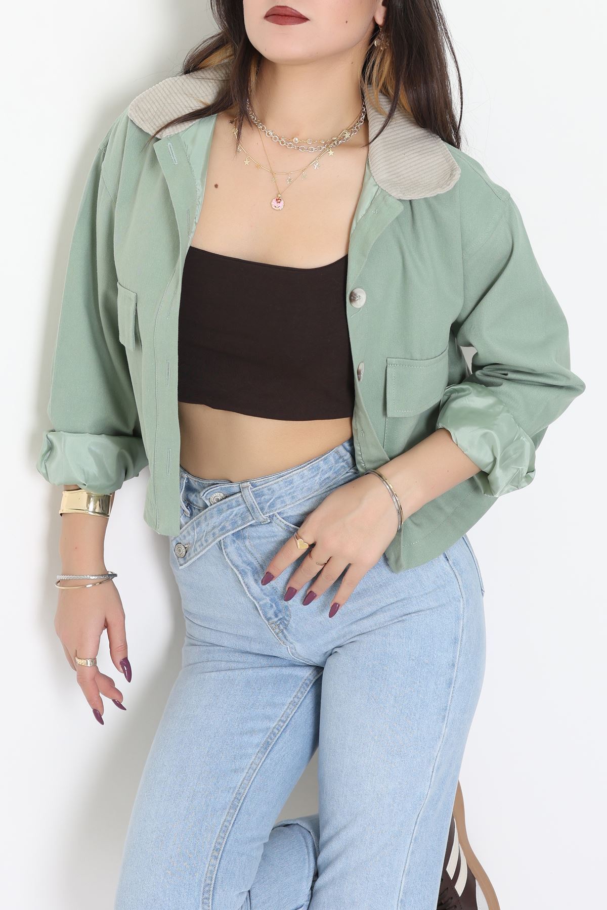Astarlı Yaka Fitilli Gabardin Ceket Mint - 8790.179.