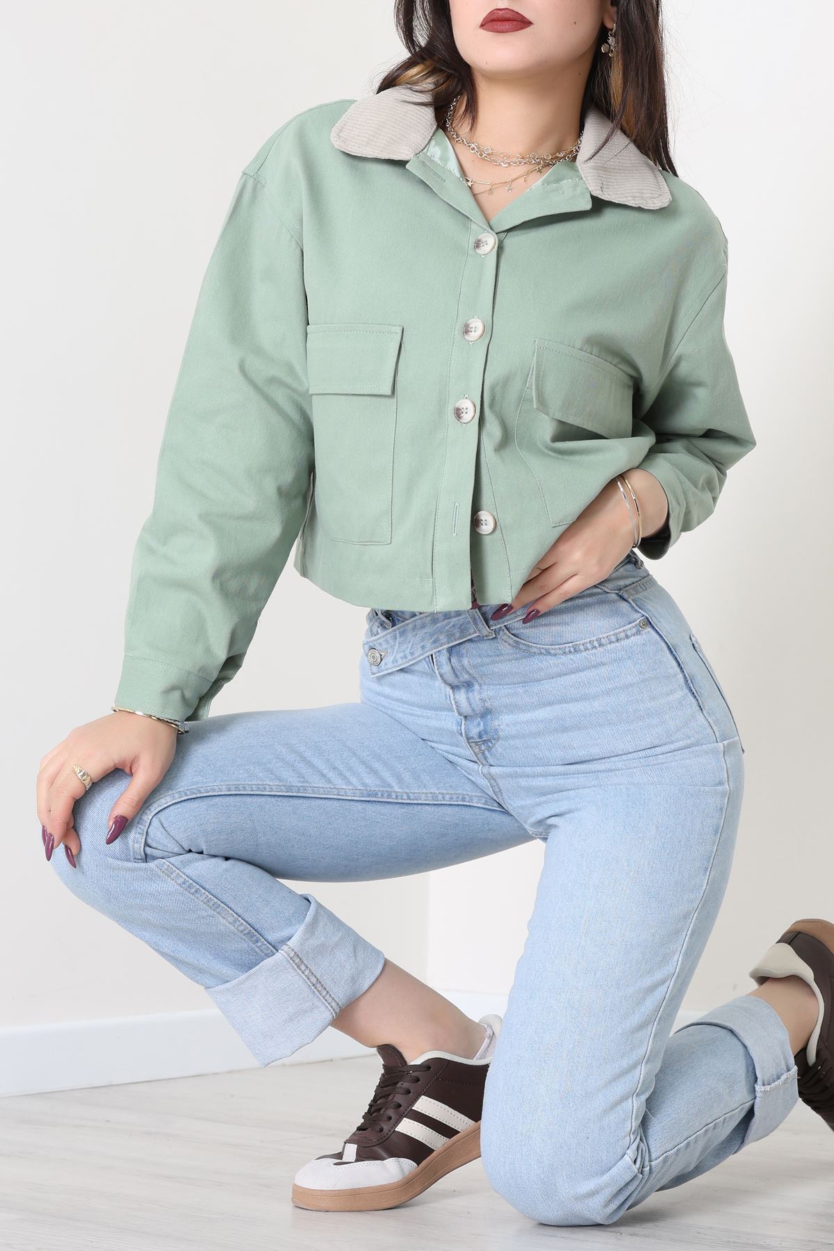 Astarlı Yaka Fitilli Gabardin Ceket Mint - 8790.179.